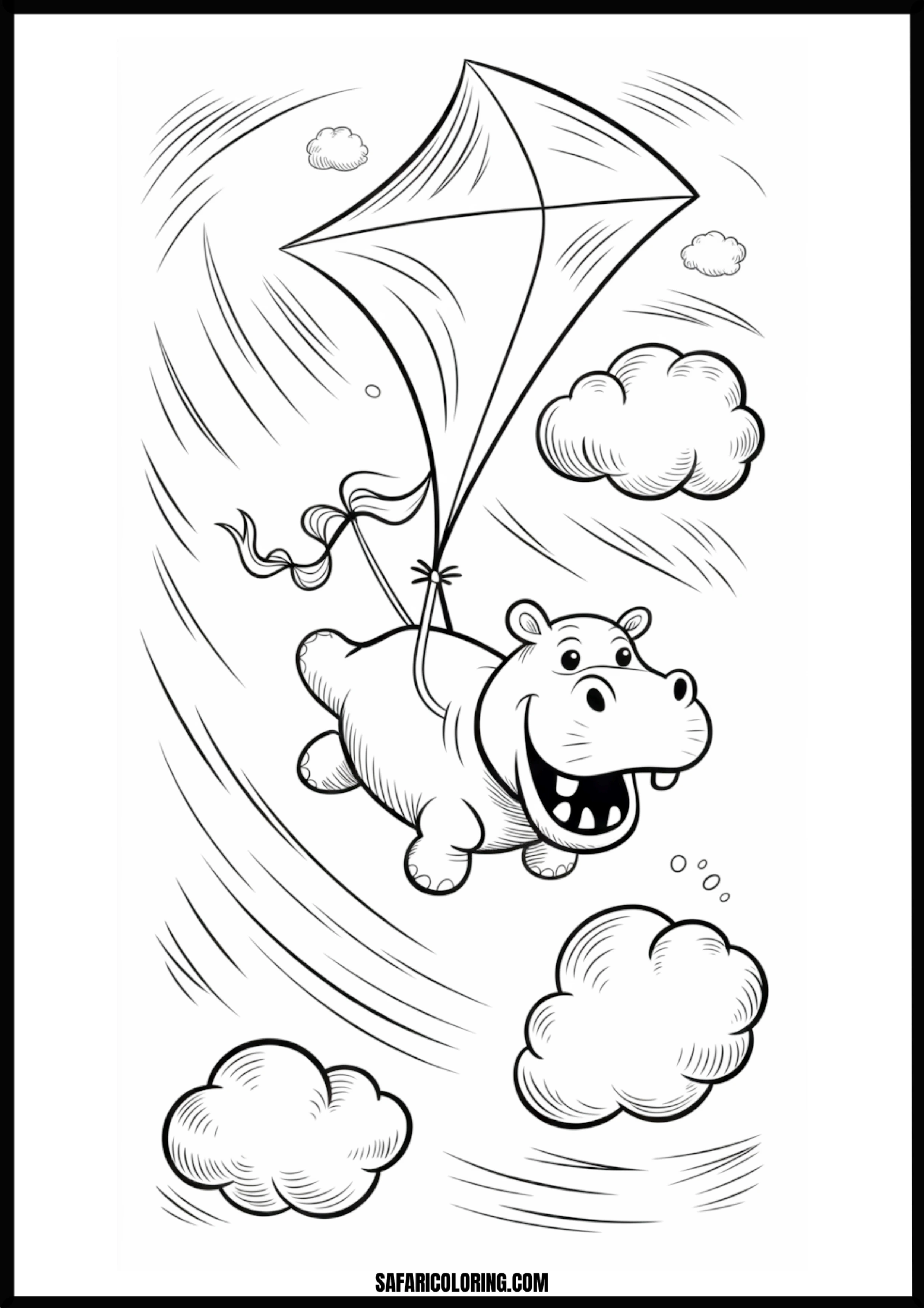Cartoon hippo flying happily on a large kite coloring page.