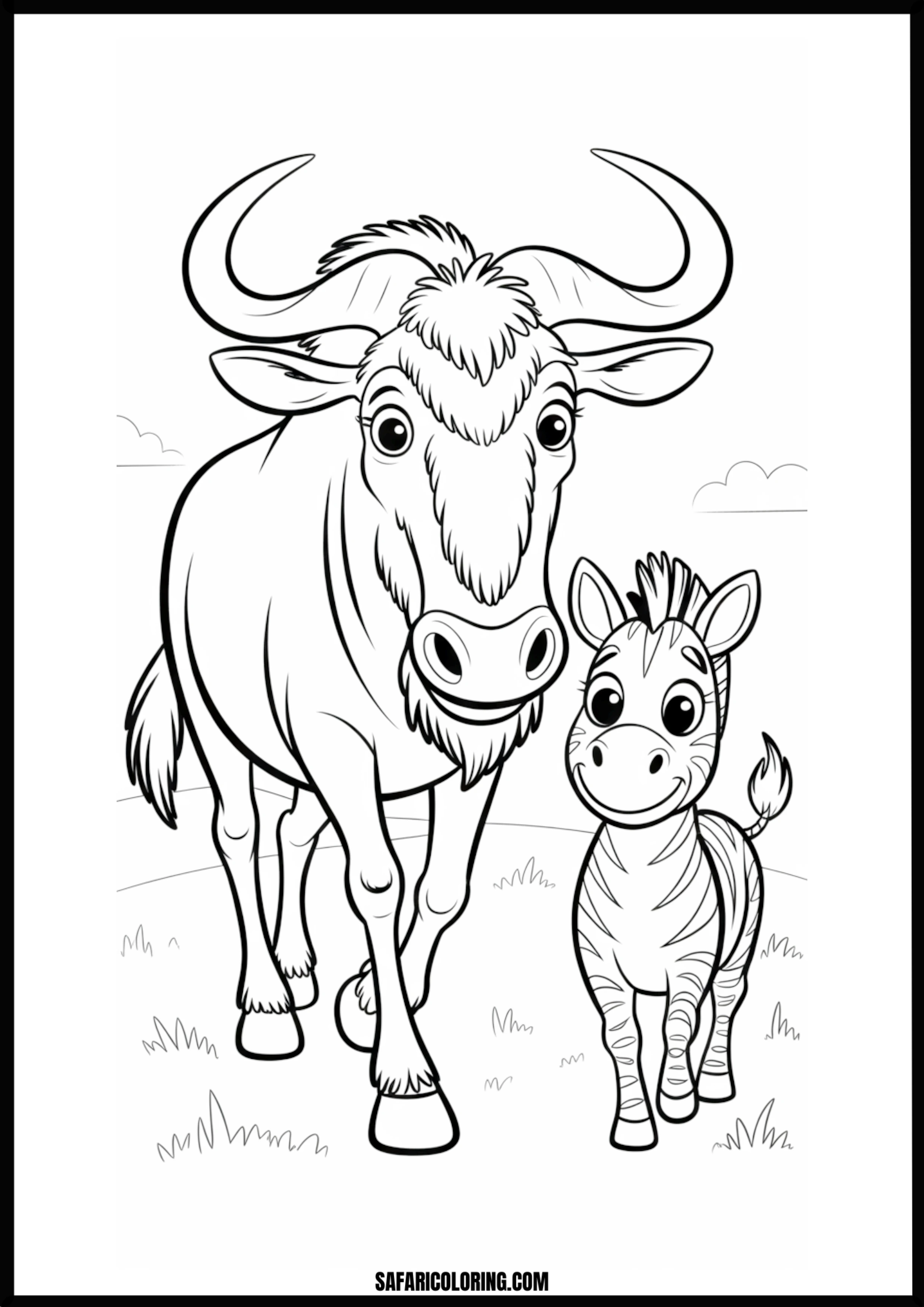 A friendly wildebeest standing beside an adorable baby zebra. Free printable friendly wildebeest and baby zebra coloring page outline.