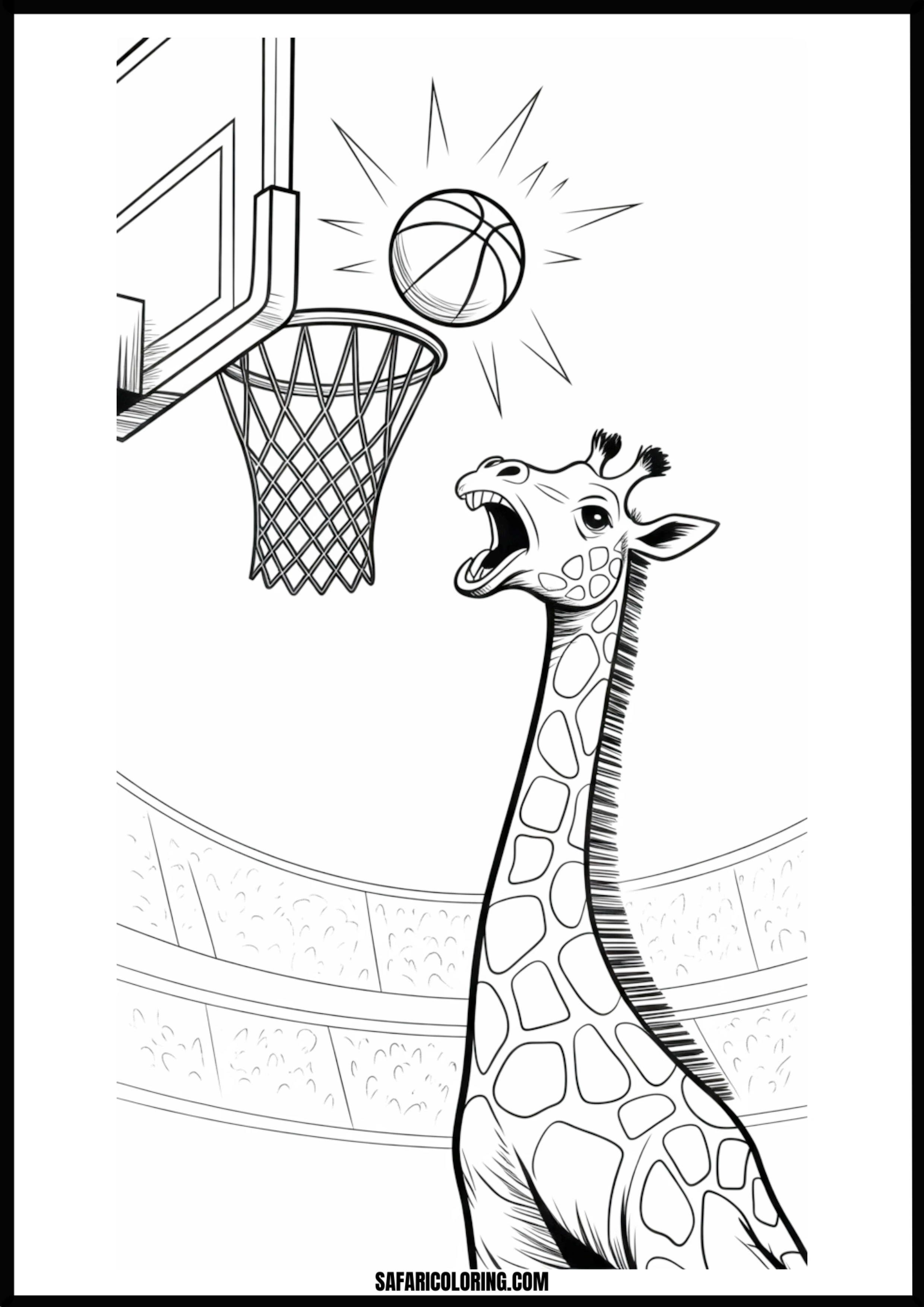 Giraffe cheering a basketball goal