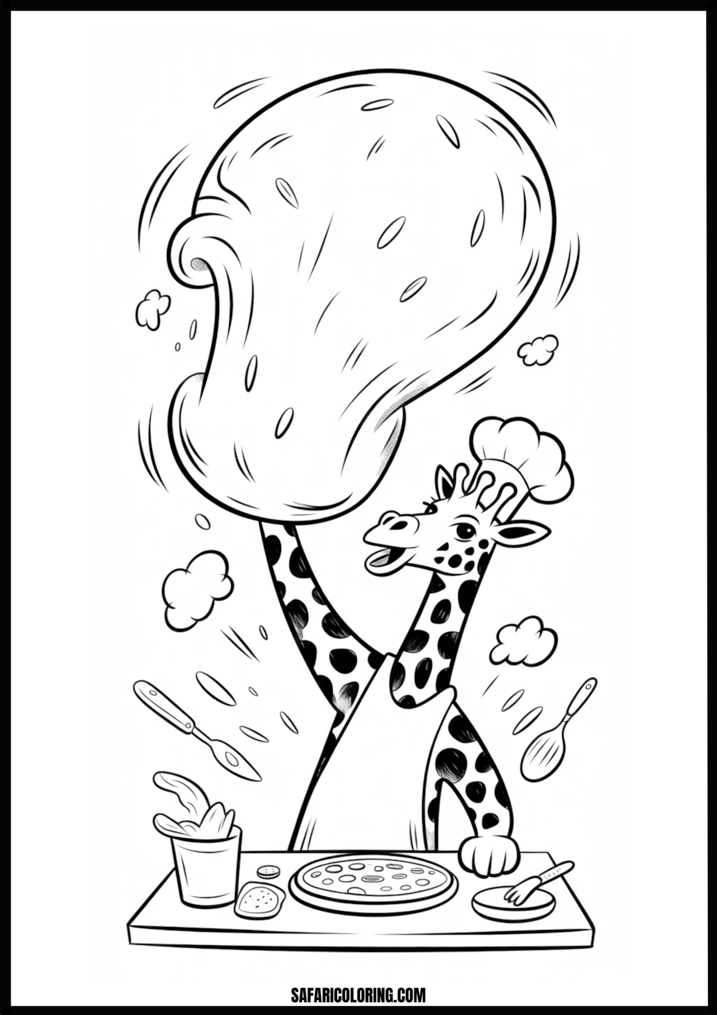 Giraffe chef tossing pizza dough