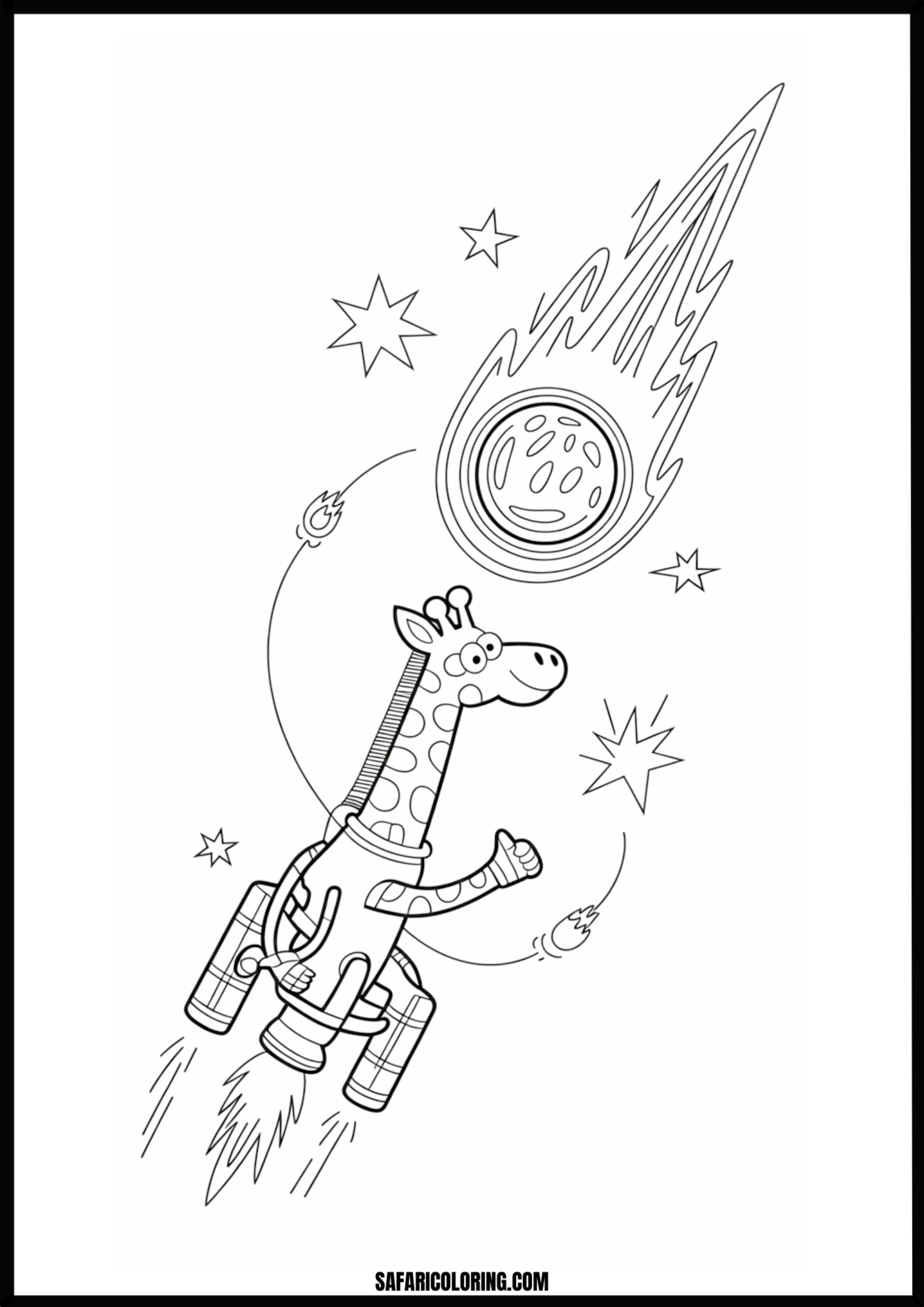 Giraffe flying with jetpack through space past comet