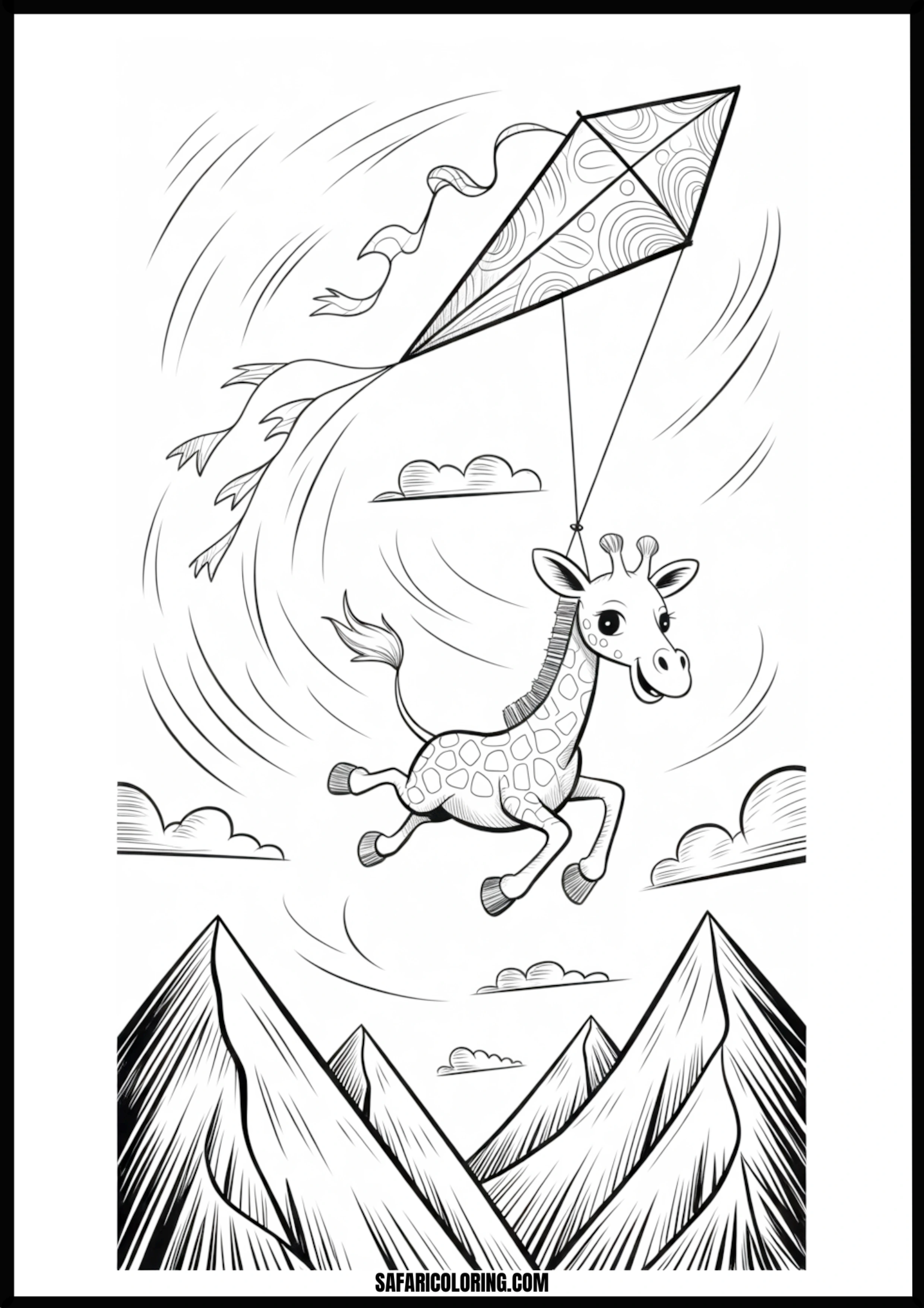 Giraffe flying a kite over mountains