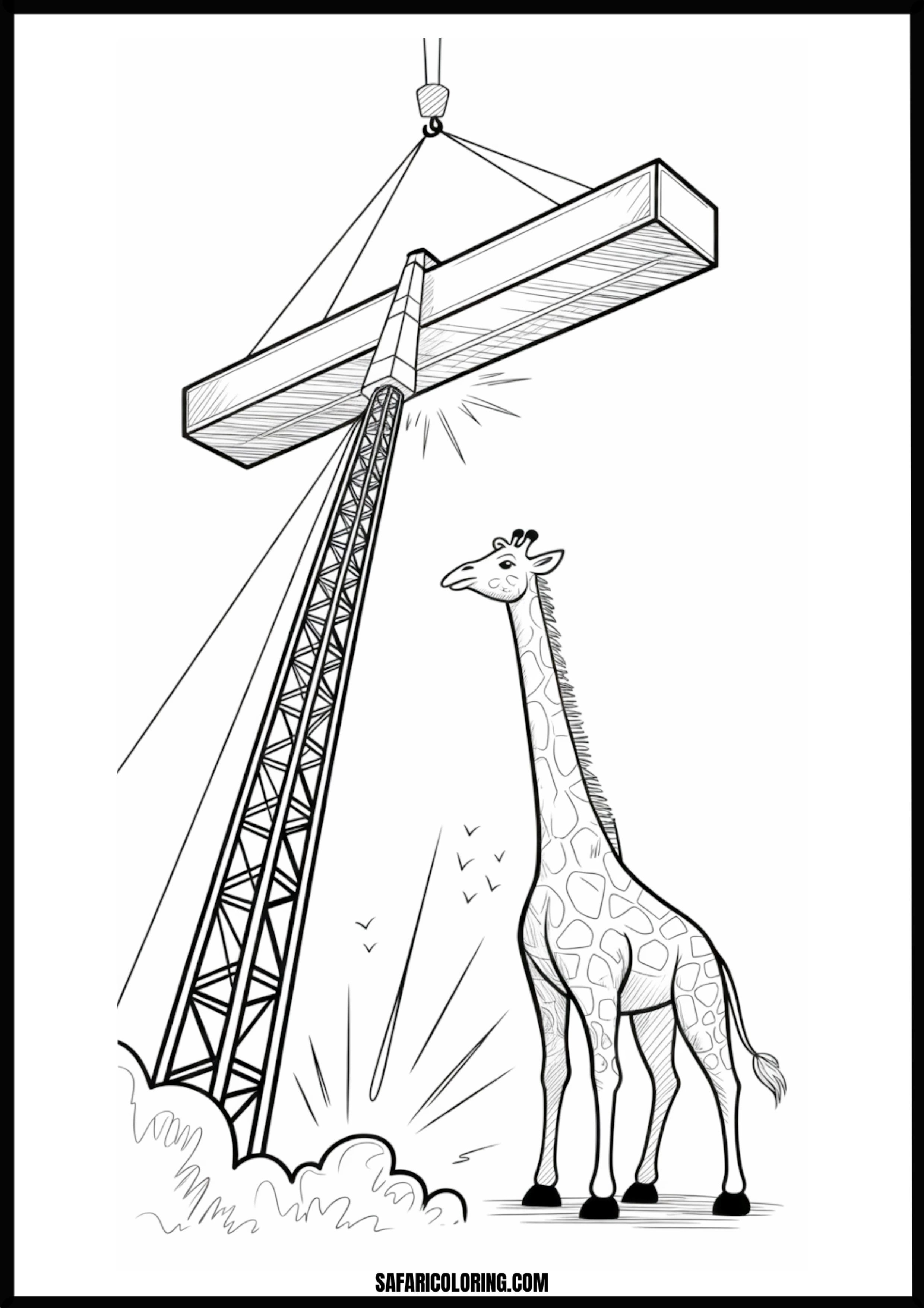 Giraffe watching a crane lift a beam