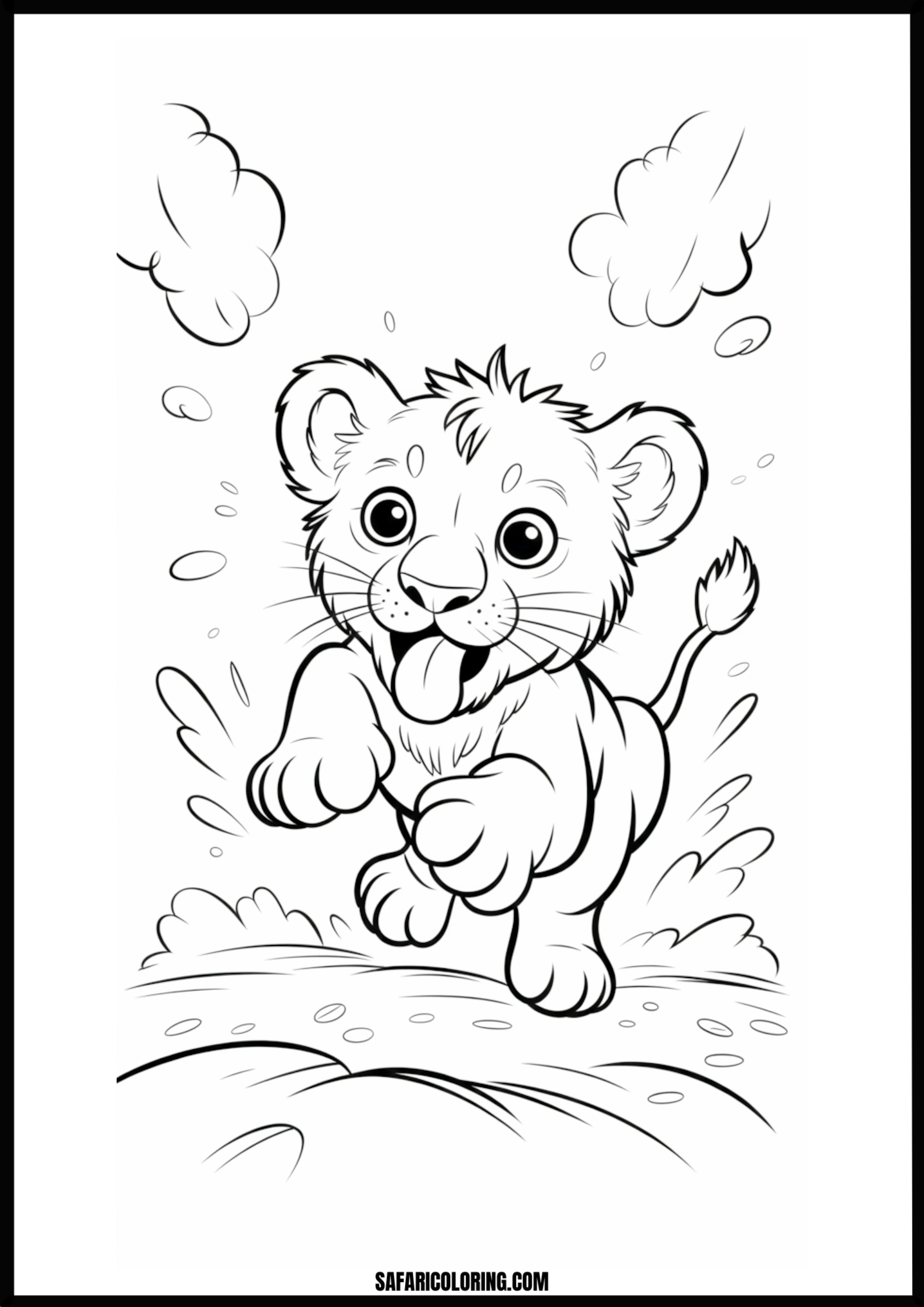 Energetic lion cub running coloring page.