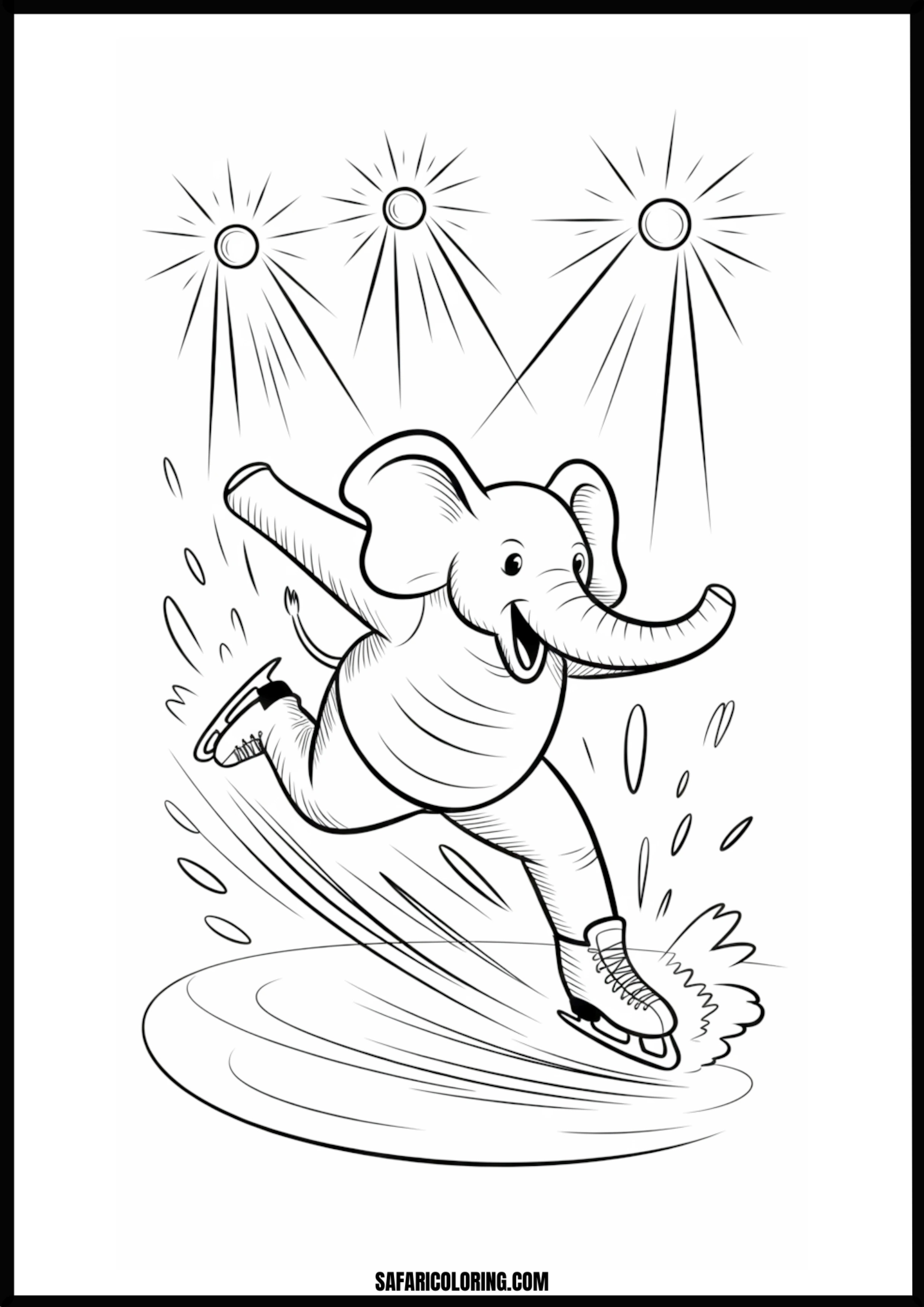 Happy elephant ice skating under spotlights