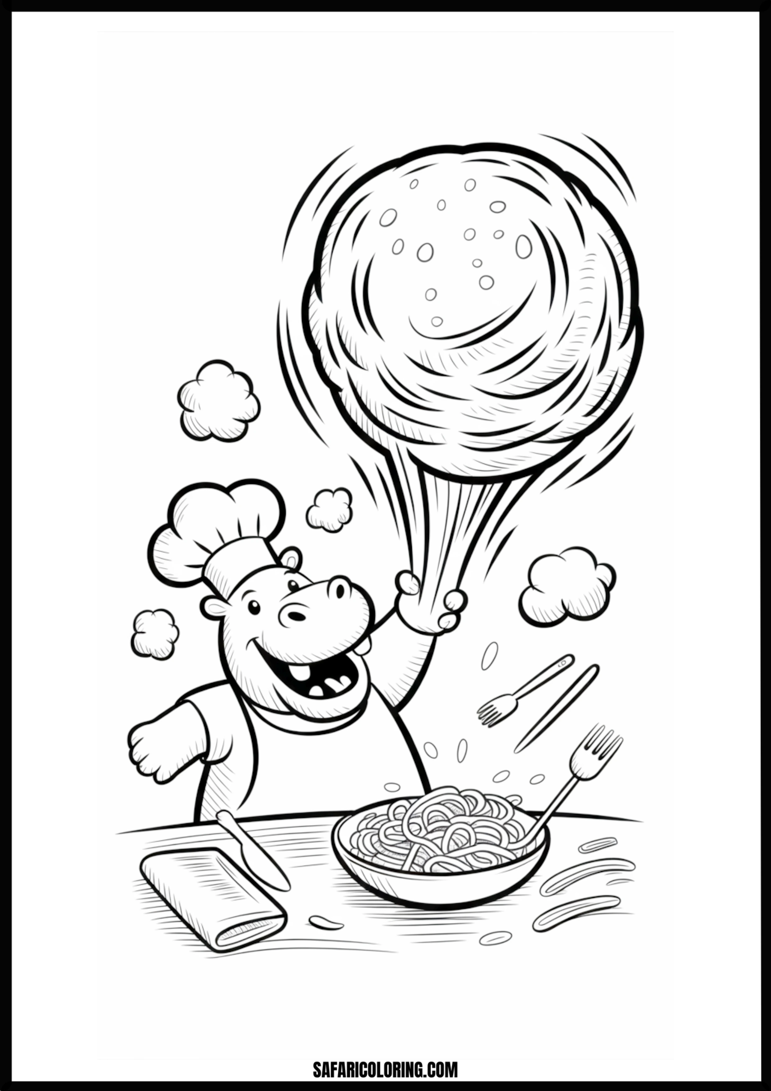 Happy cartoon hippo chef cooking spaghetti coloring page.