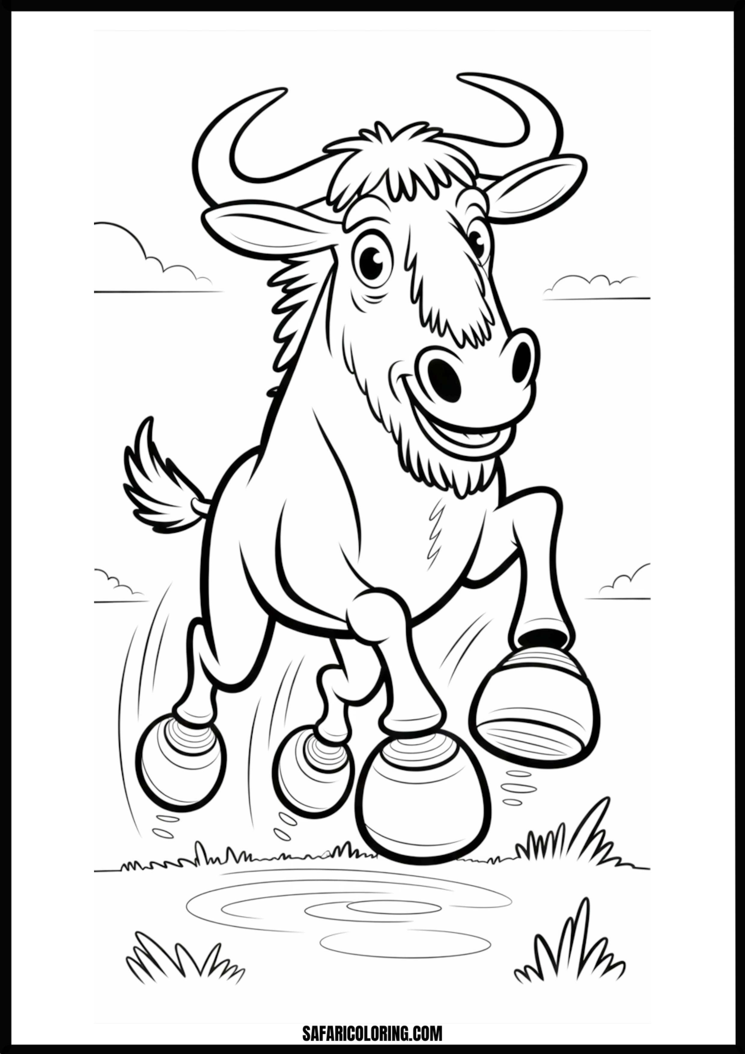 A cheerful Gnu (wildebeest) joyfully jumping. Free printable happy jumping gnu outline coloring page outline.