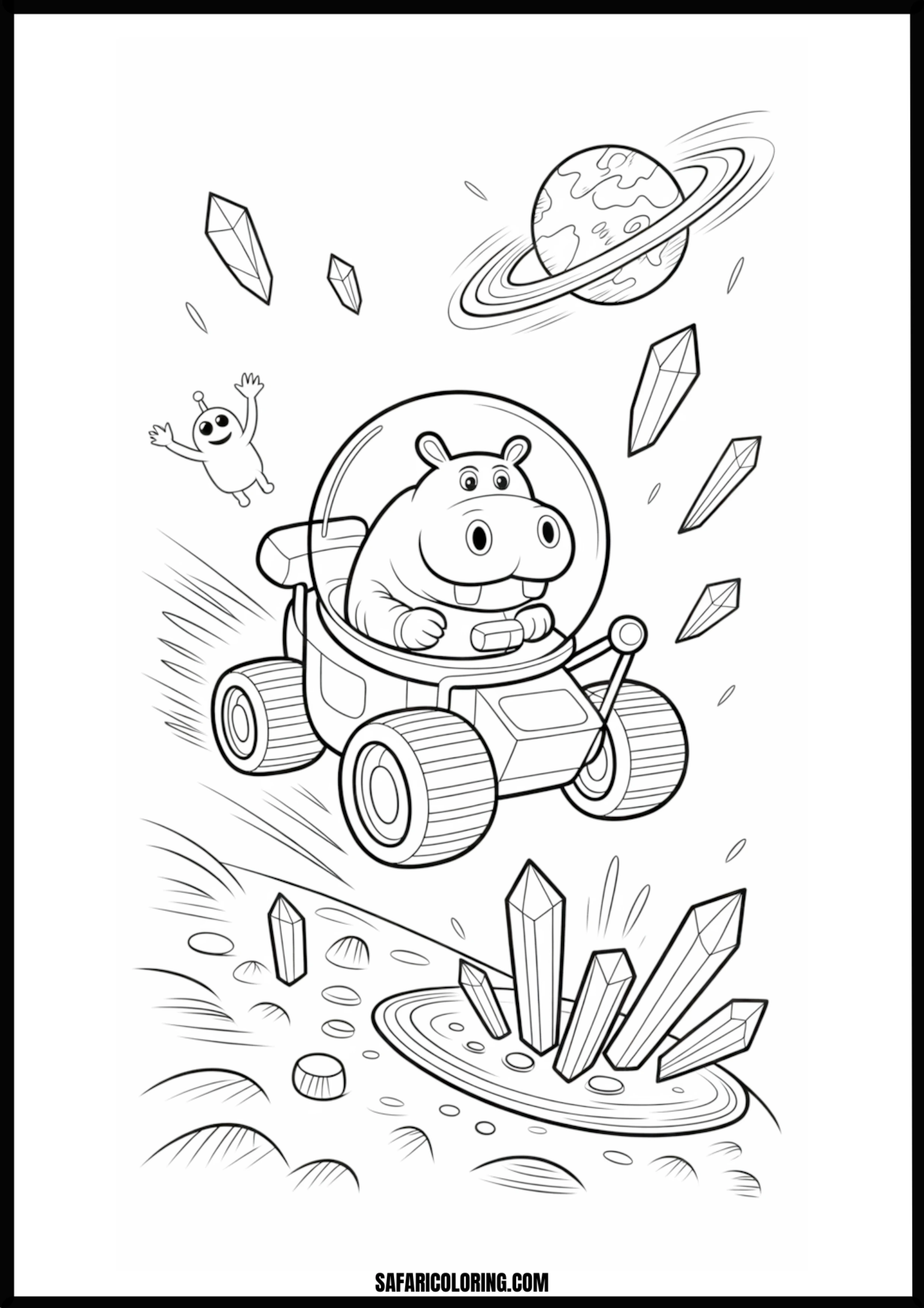 Cartoon hippo astronaut driving a space rover past alien crystals coloring page.