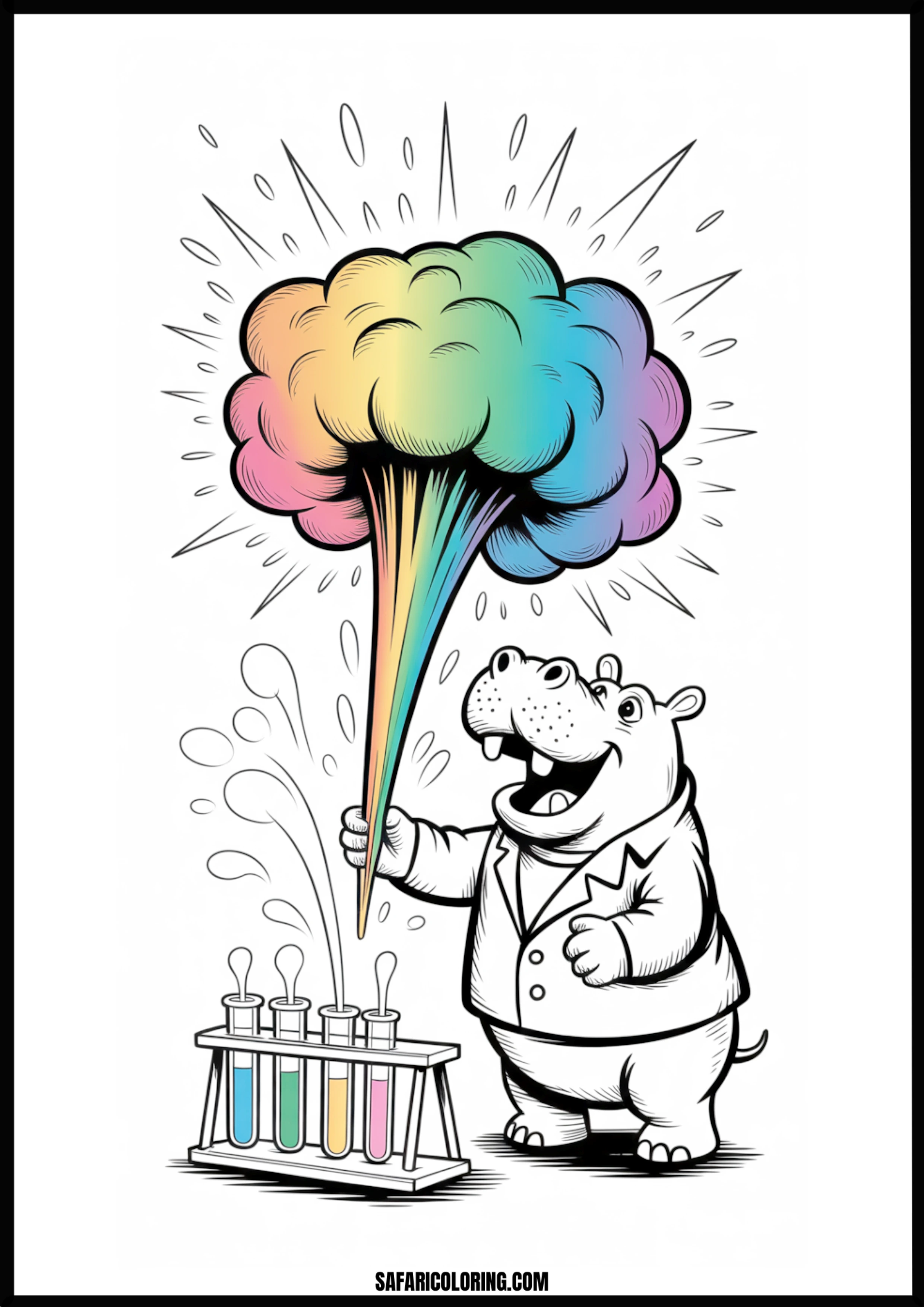Cartoon hippo scientist conducting rainbow chemistry experiments coloring page.