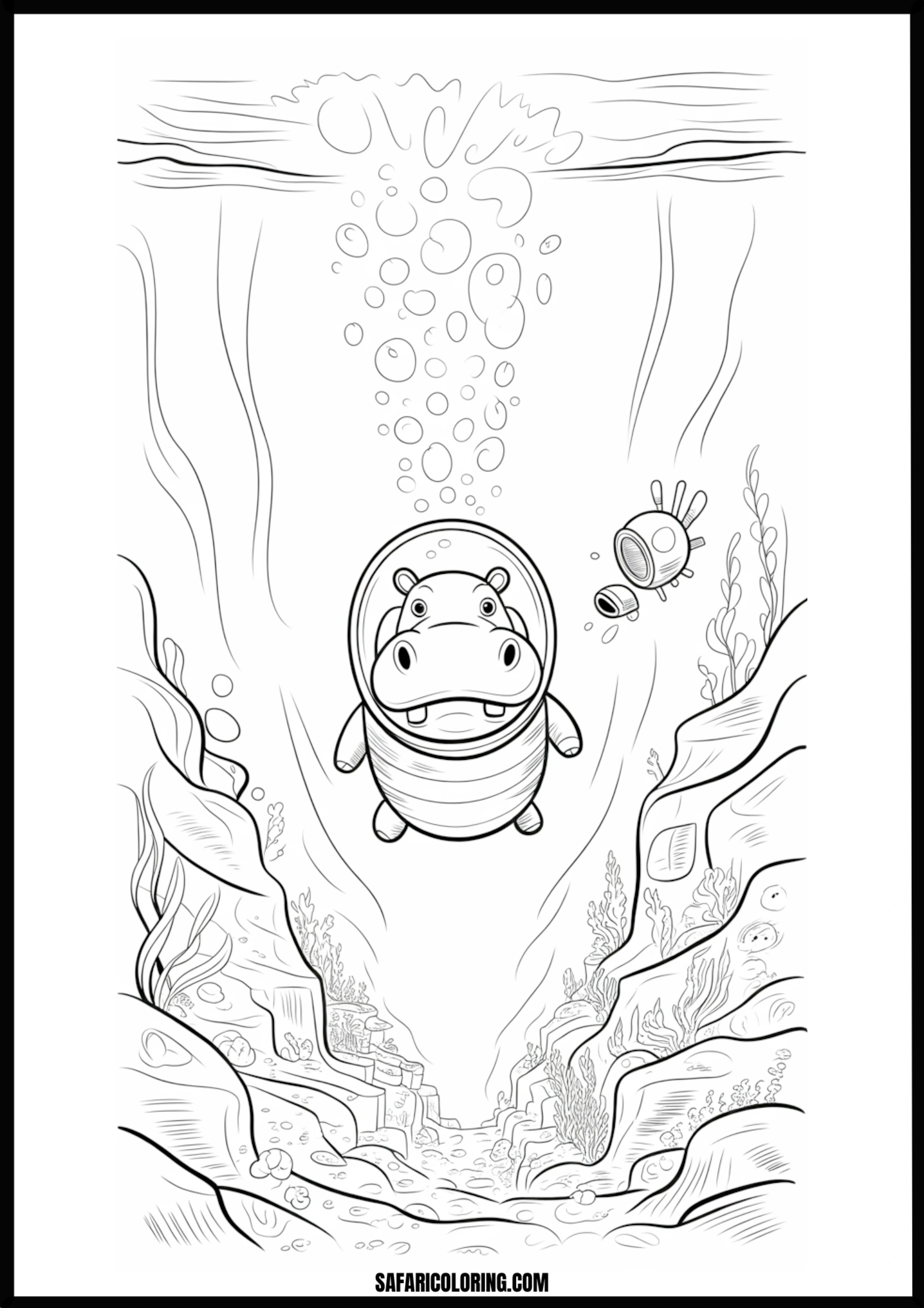 Cartoon hippo astronaut exploring an underwater canyon coloring page.