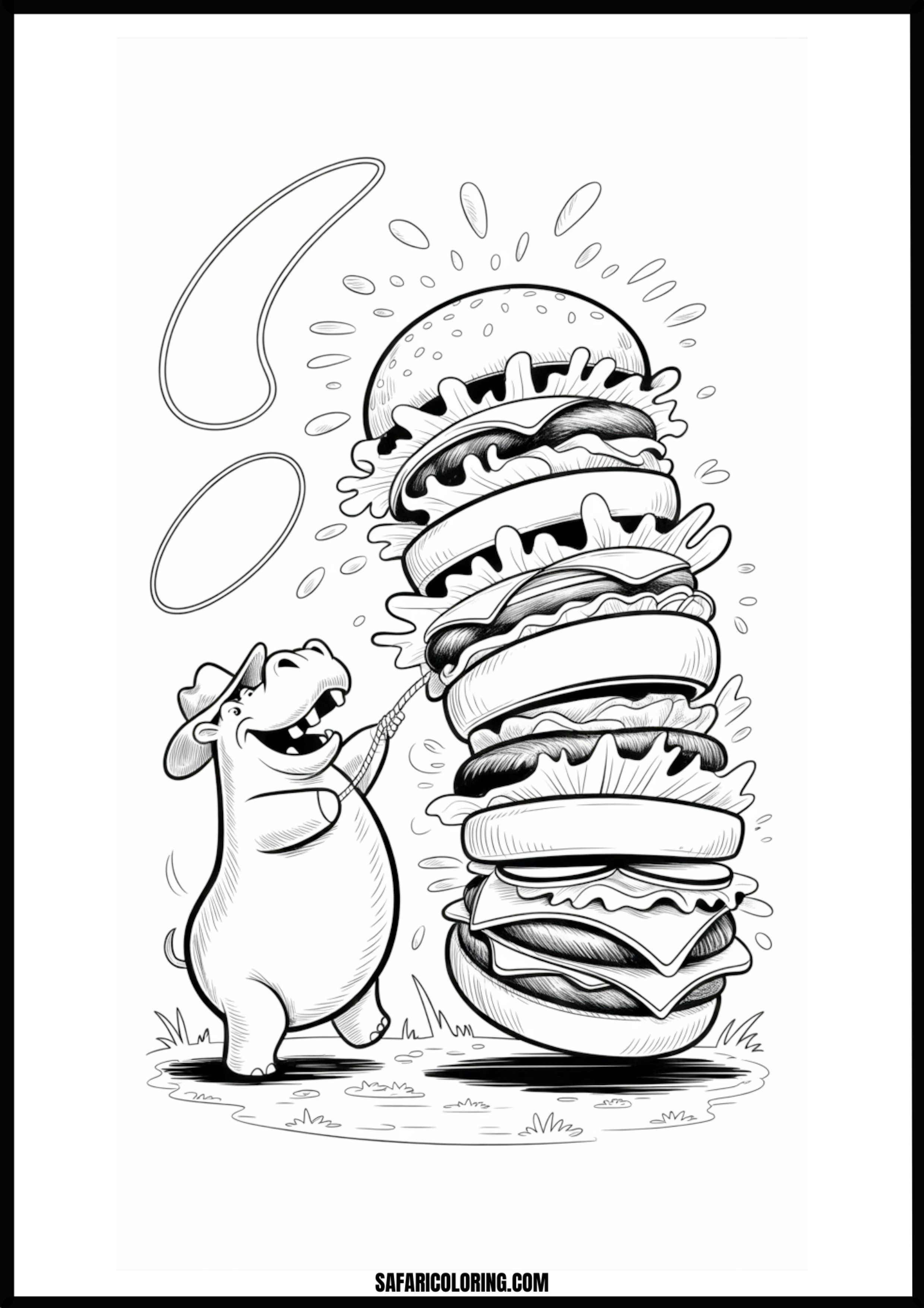 Cartoon hippo pulling an enormous, towering burger coloring page.