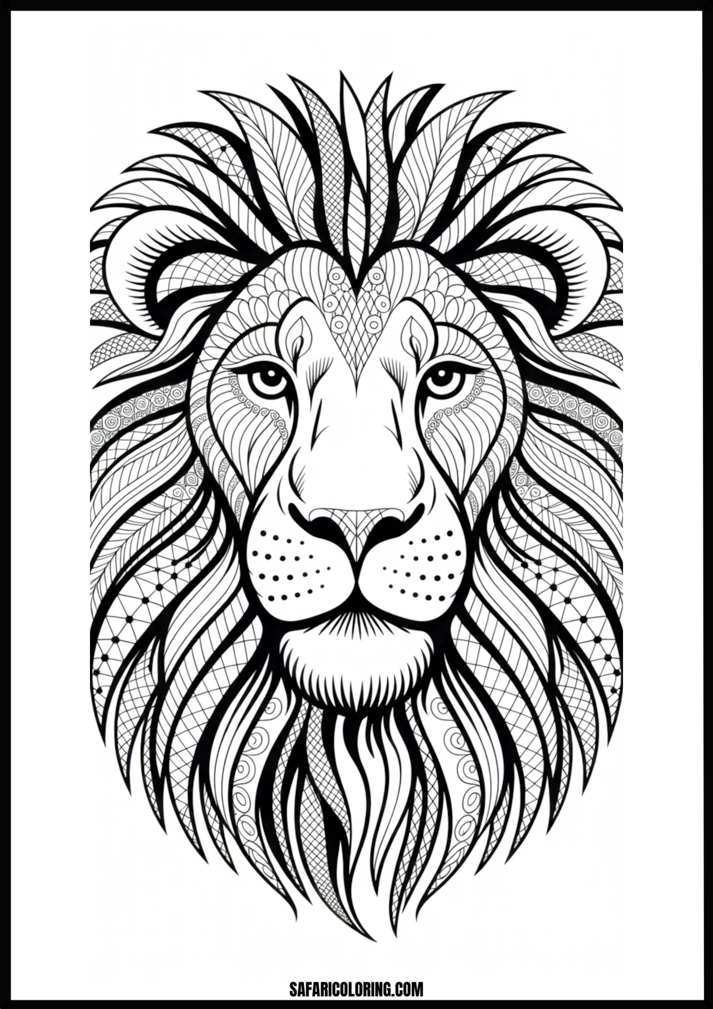 Complex intricate lion head drawing for coloring.