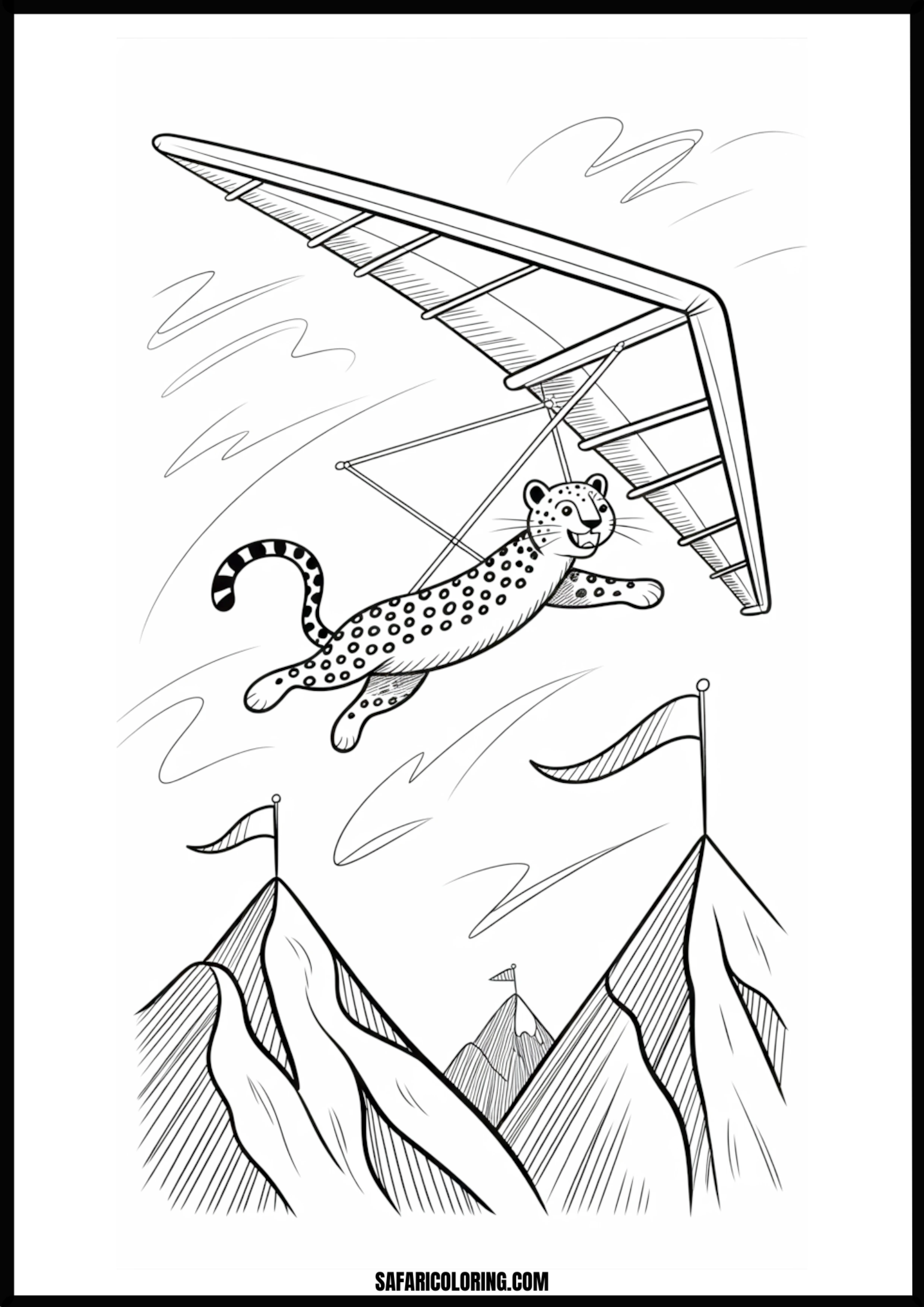 Leopard hang gliding over snowy mountains