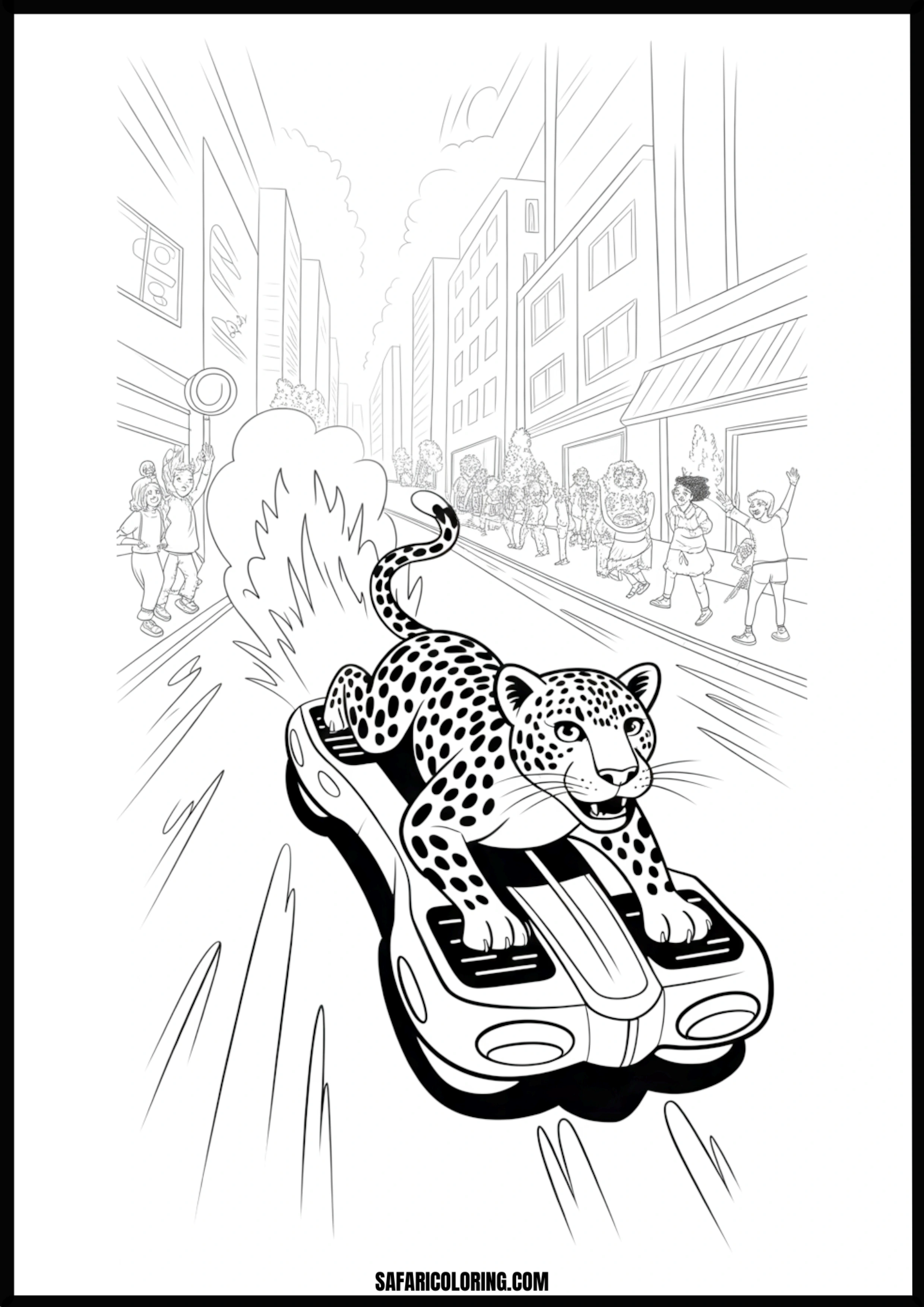 Leopard riding a hoverboard through a futuristic city