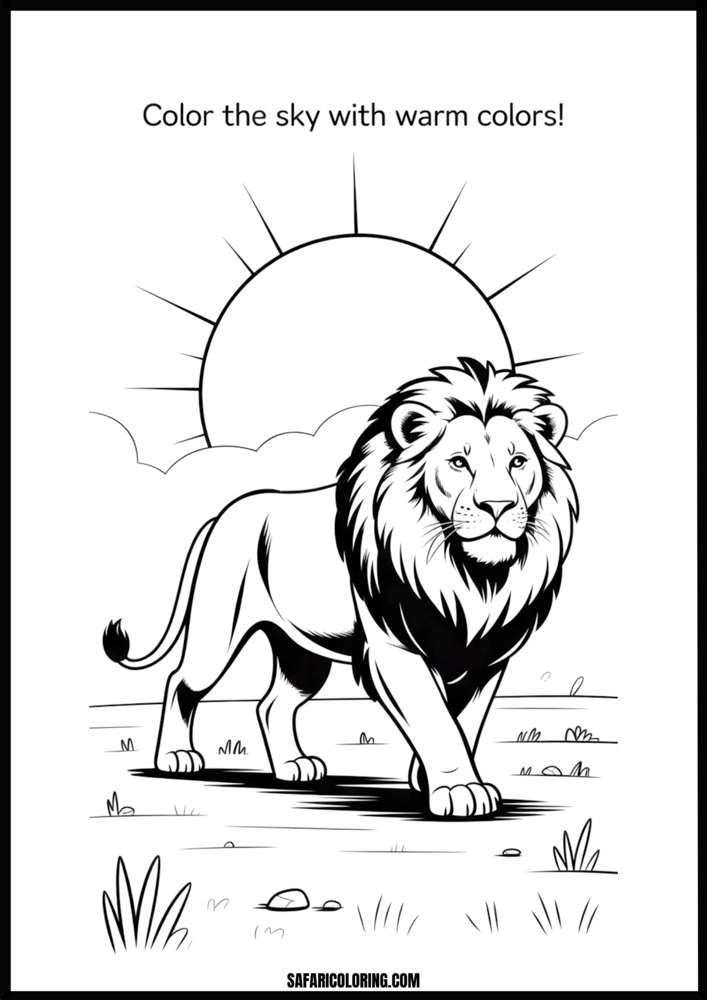Lion silhouette with a warm sky background coloring page.