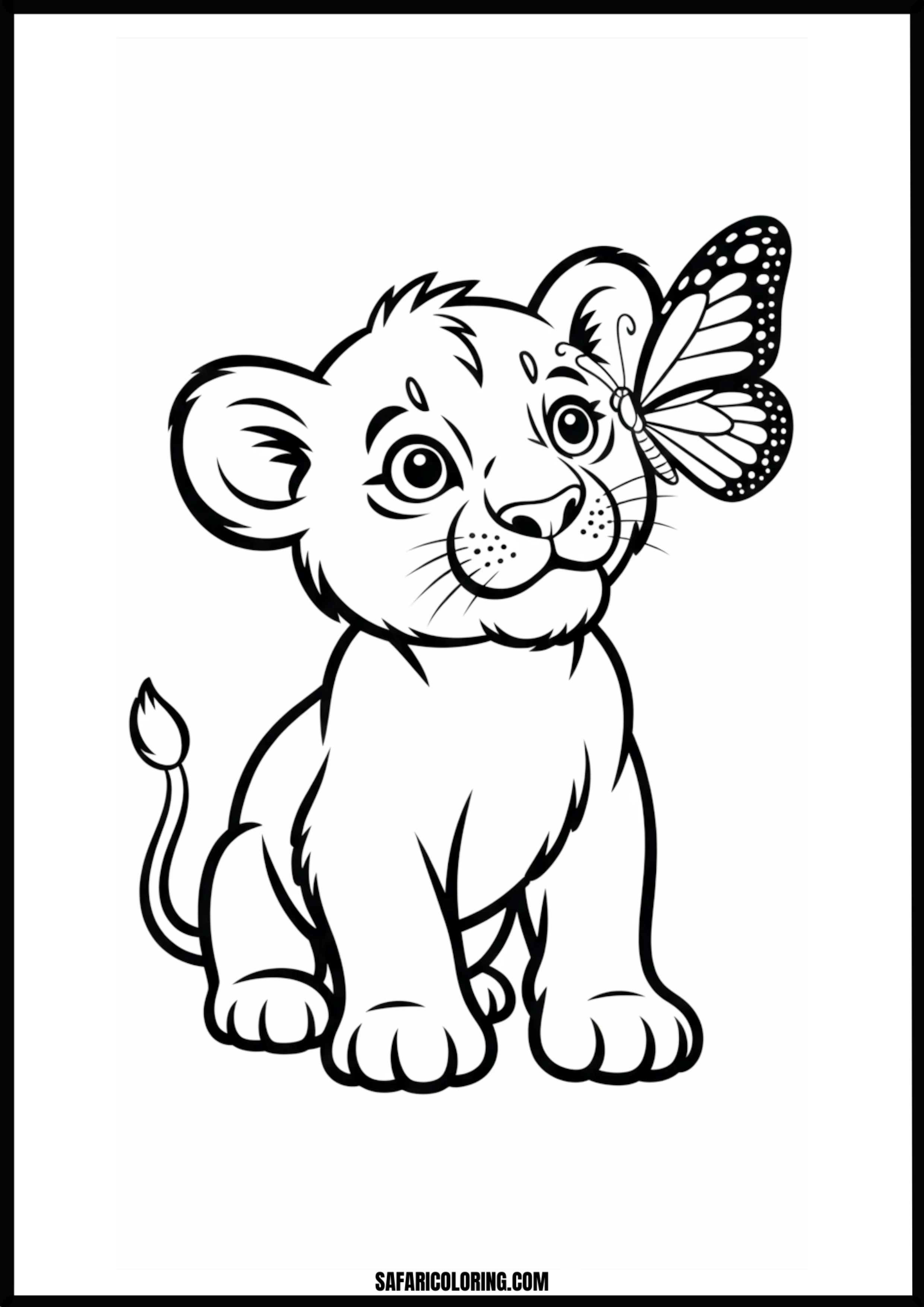Lion cub looking at a butterfly coloring page