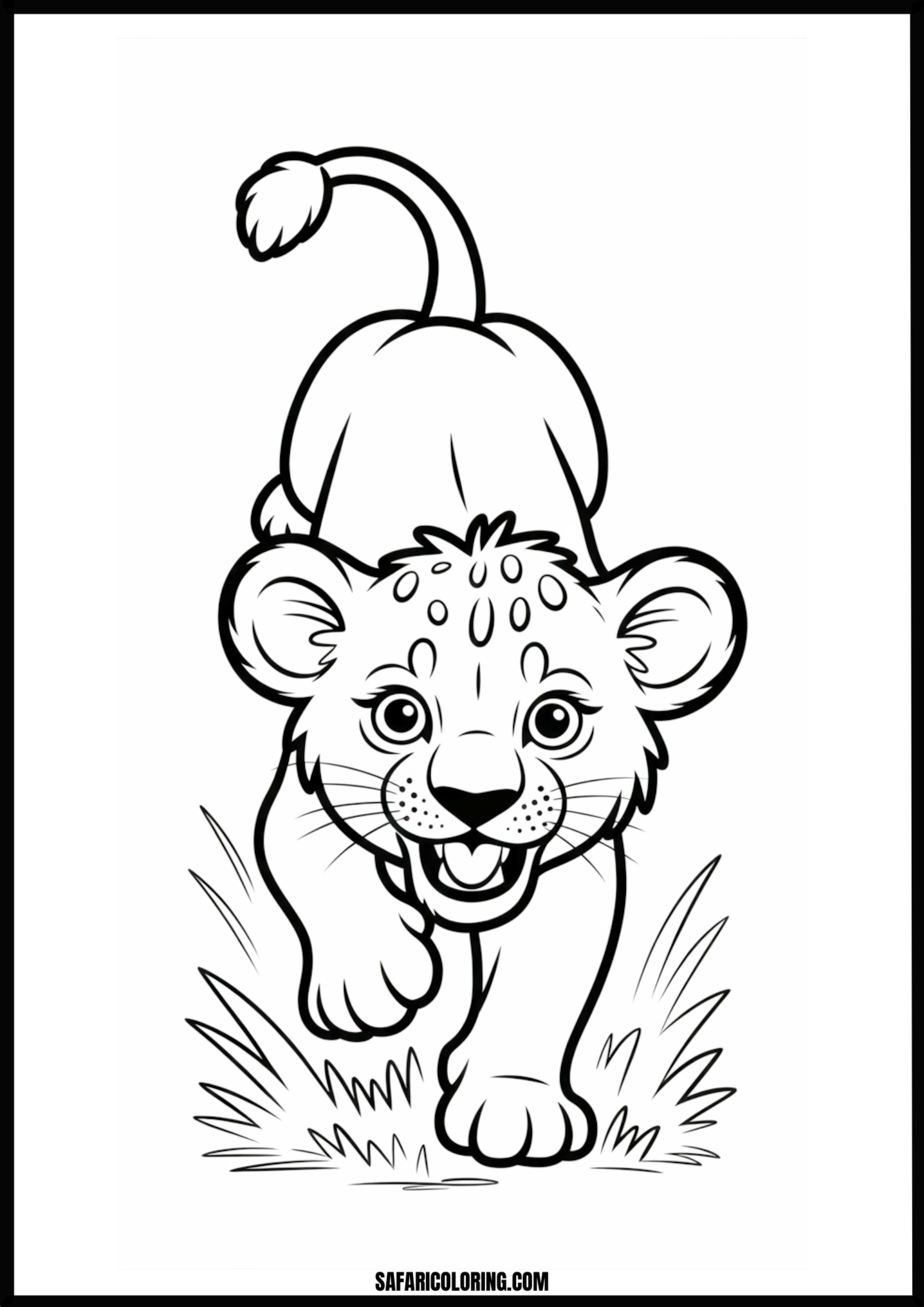Playful leopard cub coloring page in a dynamic pose