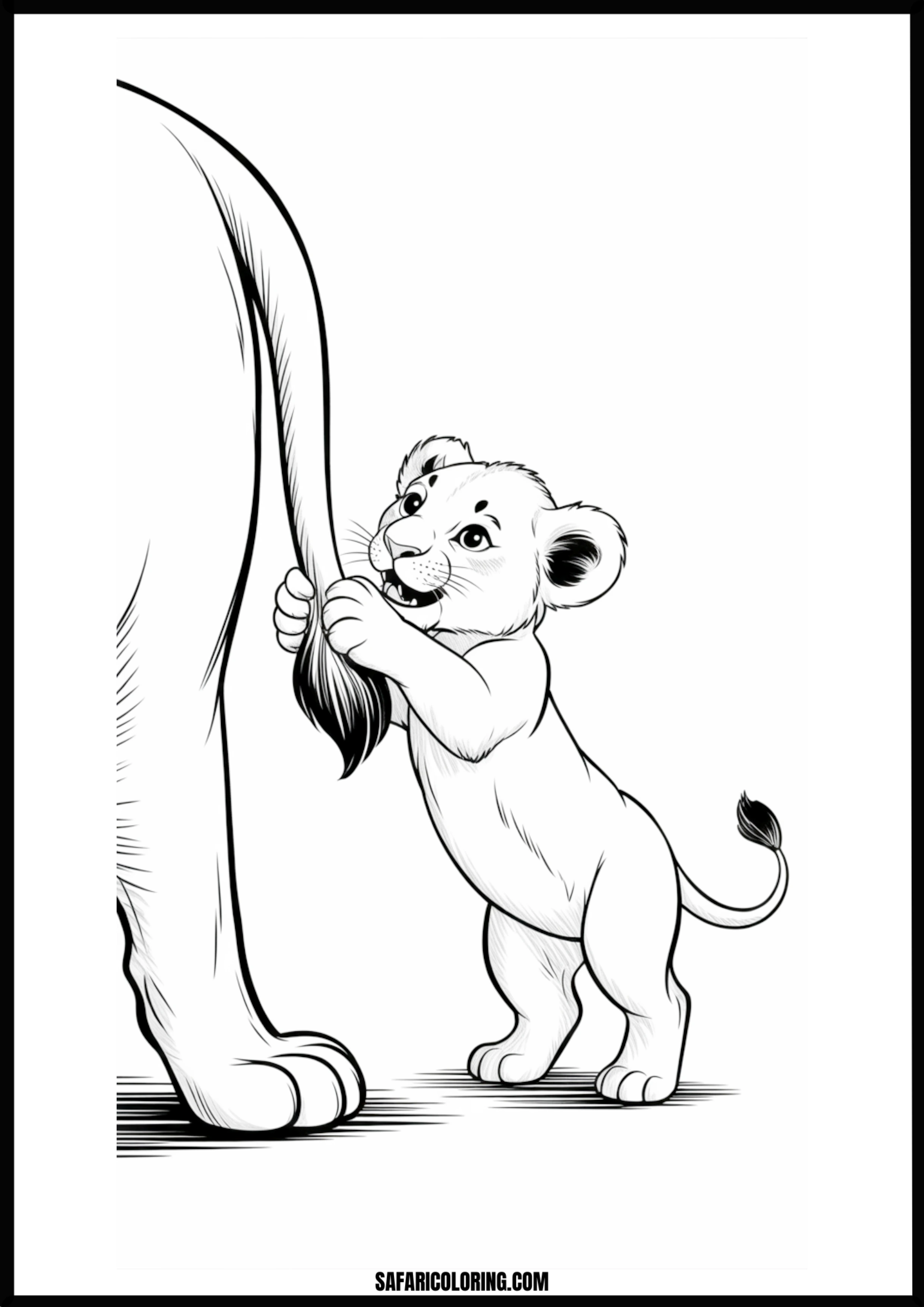 Playful lion cub tugging its tail coloring page.