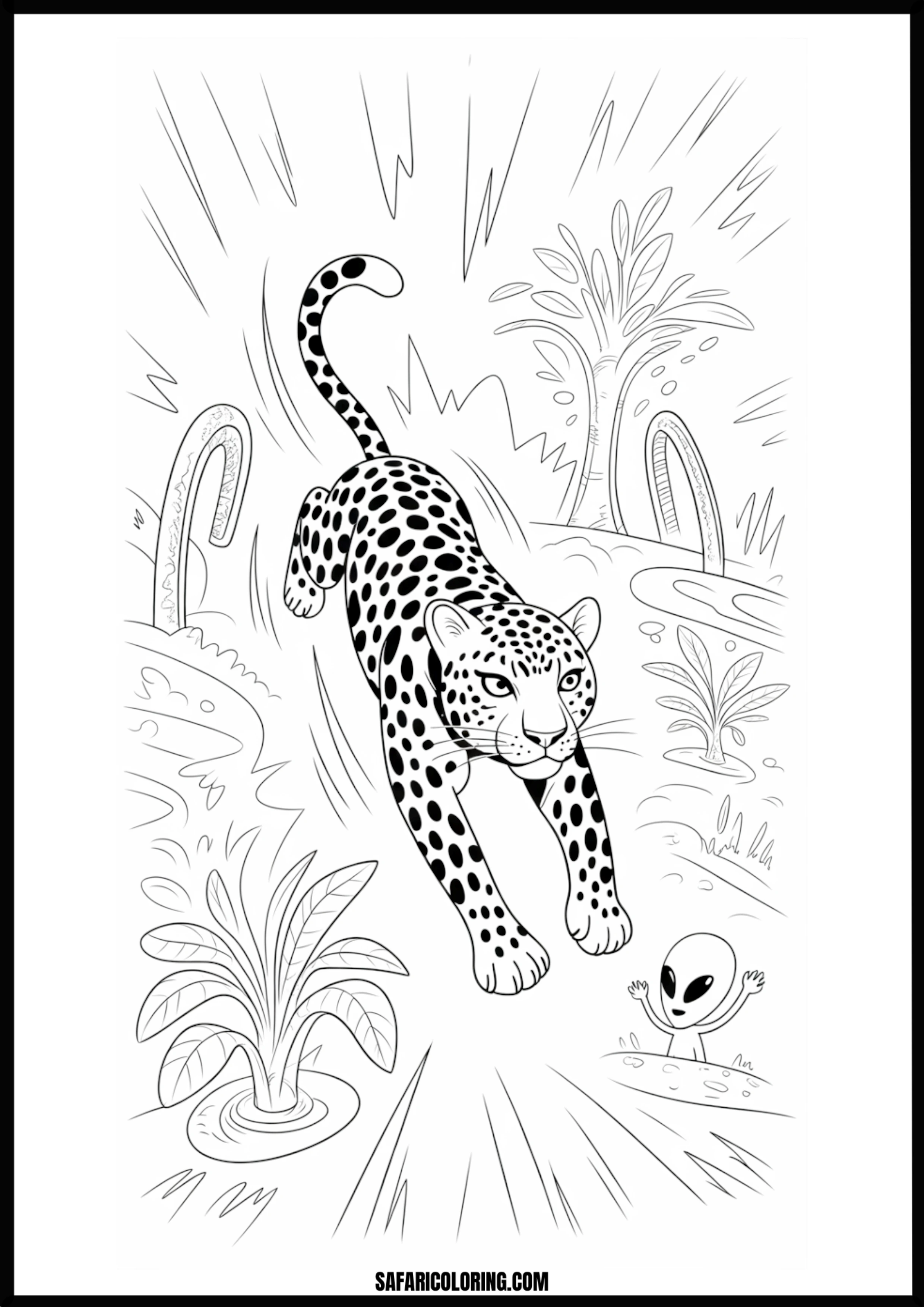 Pouncing leopard surprising a friendly alien in a jungle