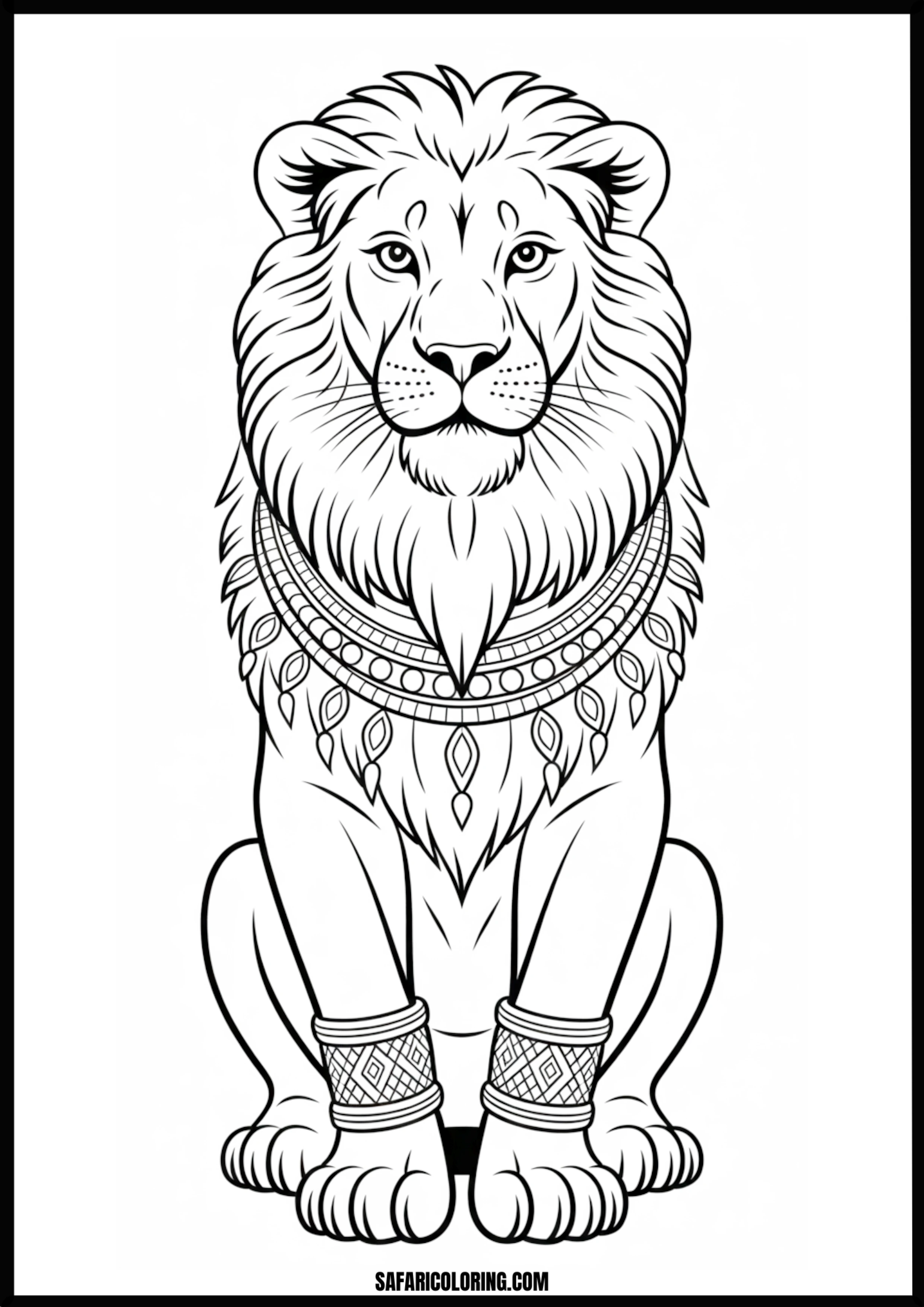 Regal lion with adornments coloring page.