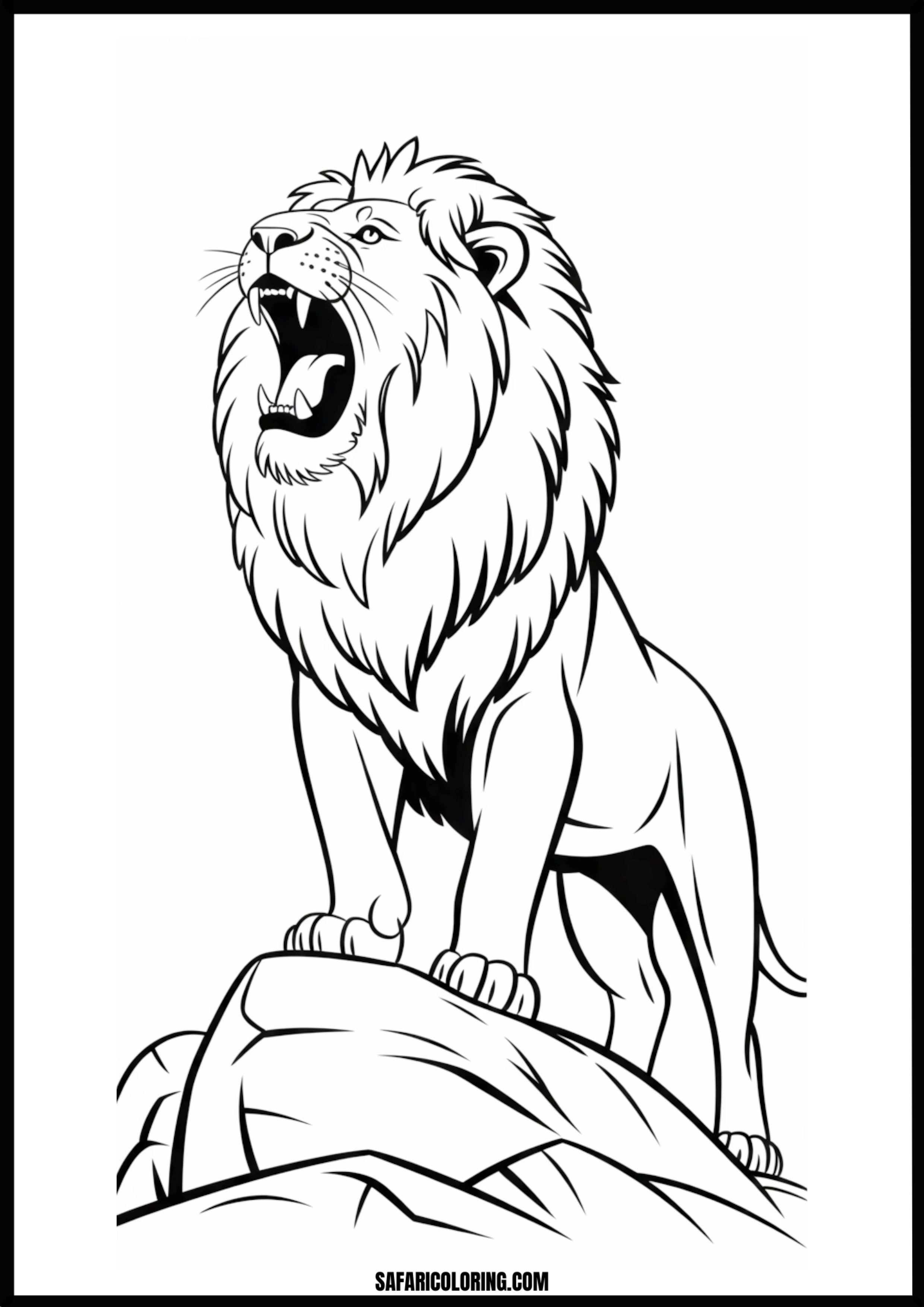 Roaring lion standing on a rock coloring page.