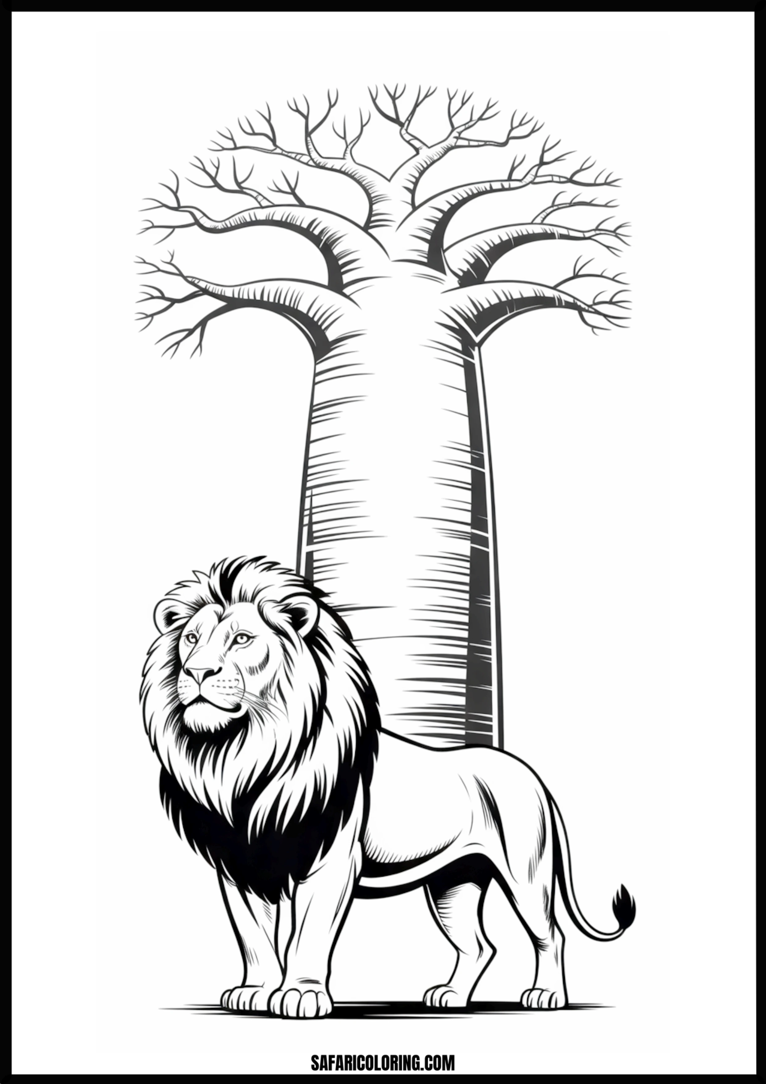 Safari lion near a baobab tree coloring page.
