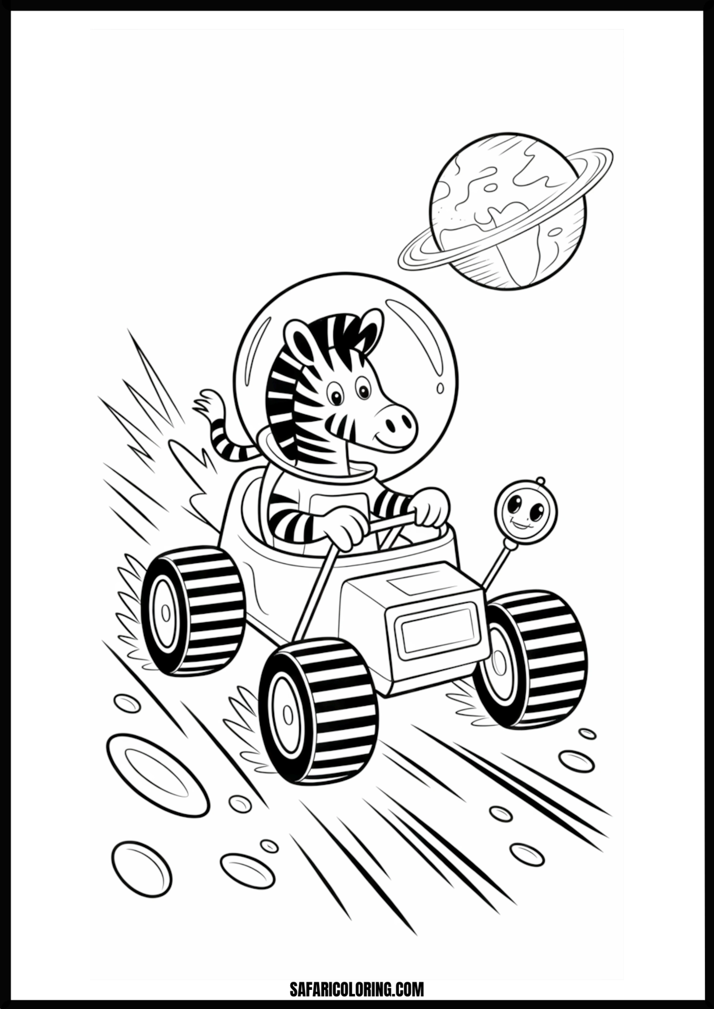Cartoon zebra astronaut driving a space rover on another planet