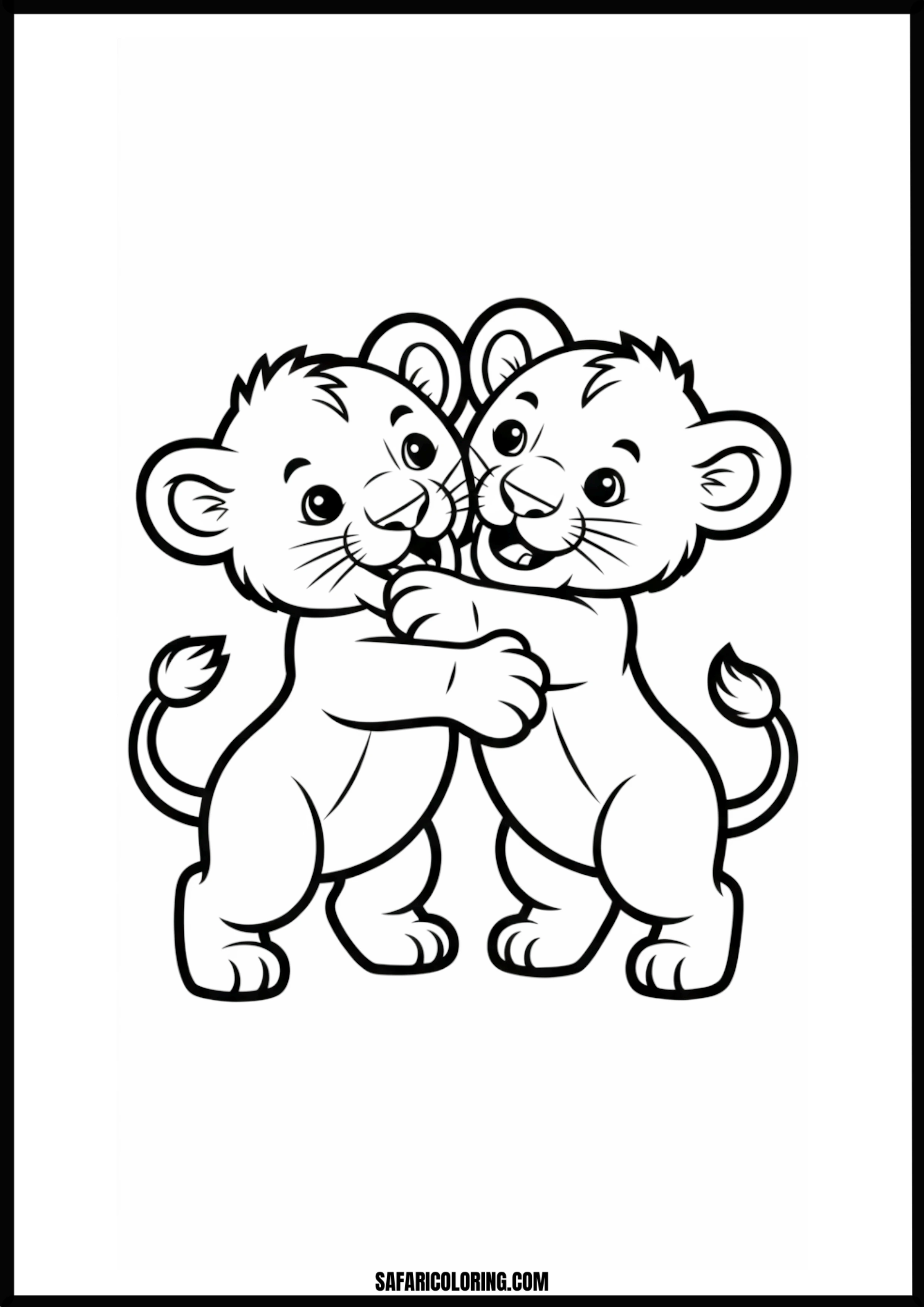 Two cute lion cubs hugging coloring page.