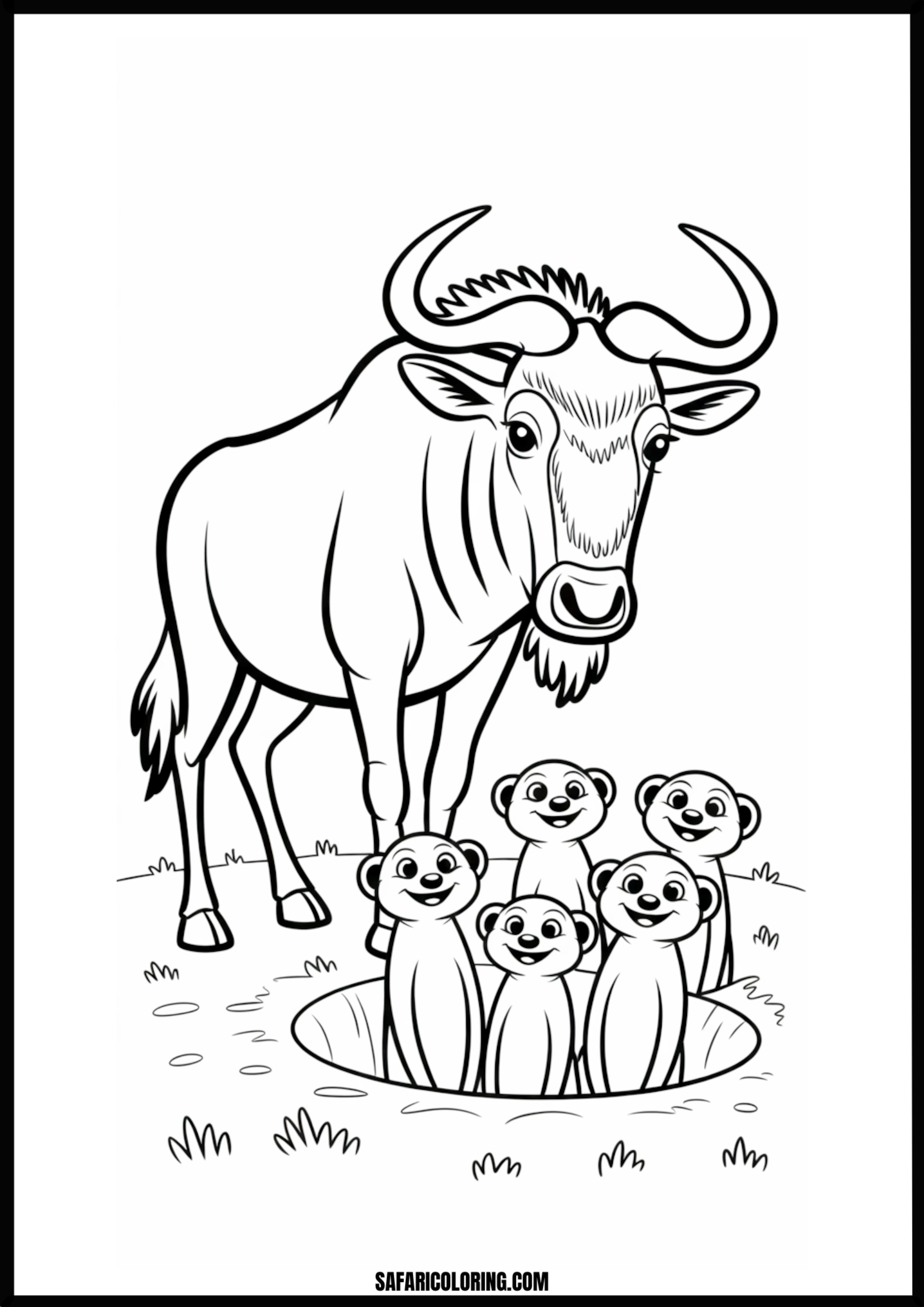 A curious wildebeest looking at meerkats peeking from their burrow. Free printable wildebeest and meerkats looking up from burrow coloring page outline.