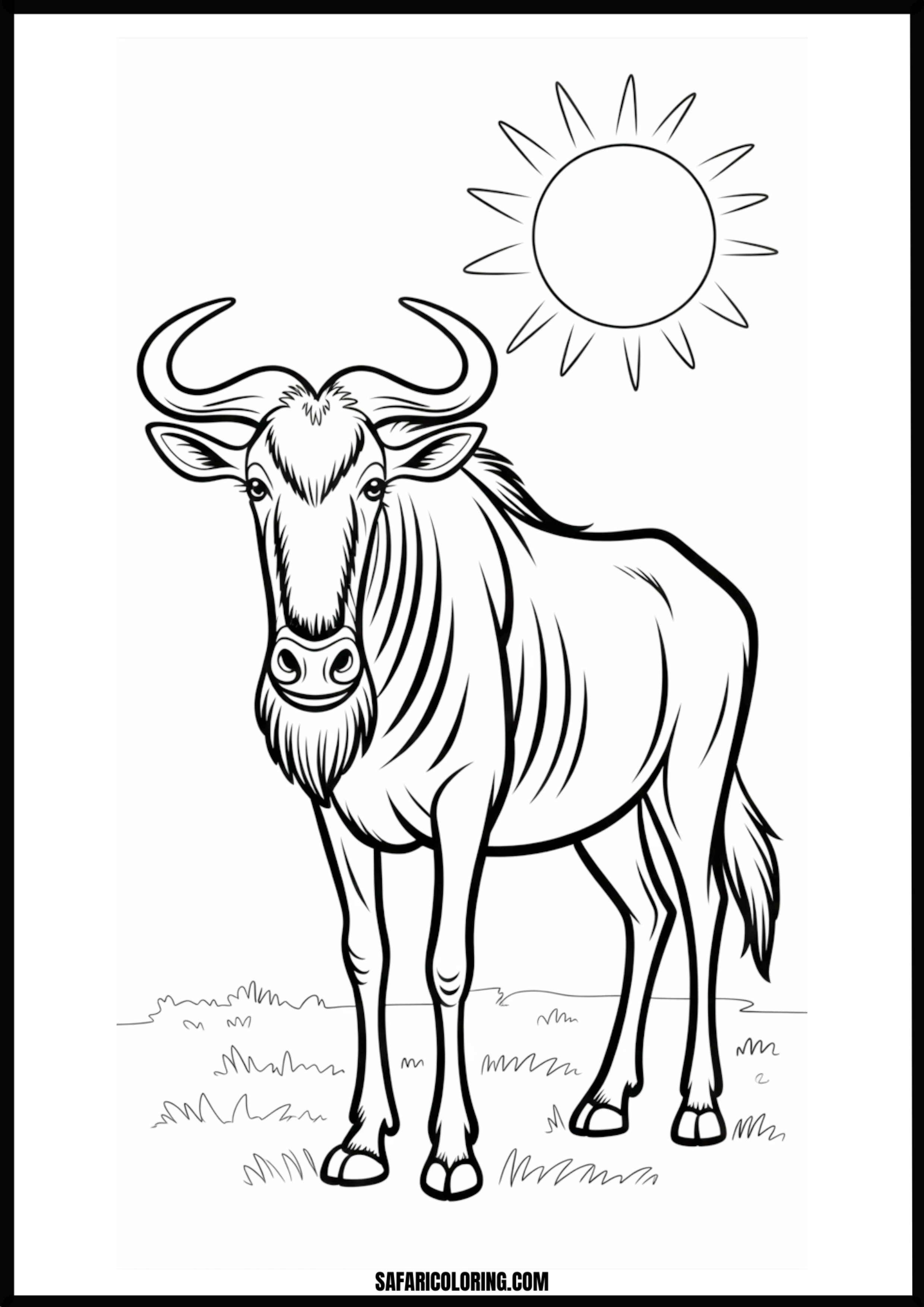 A wildebeest silhouetted against a large sun. Free printable wildebeest and sun coloring page outline.