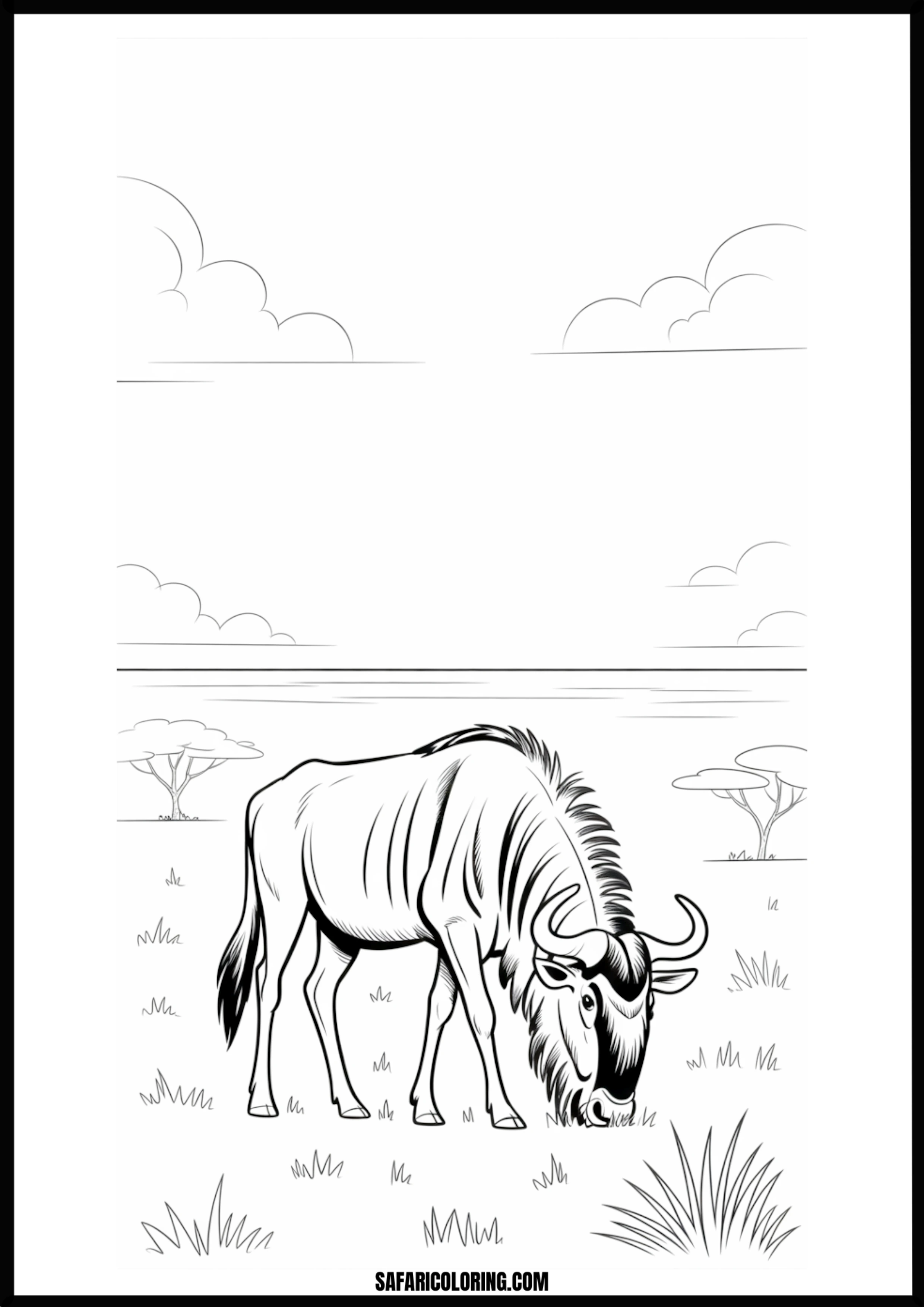 A wildebeest peacefully grazing in the savanna. Free printable wildebeest grazing coloring page outline.