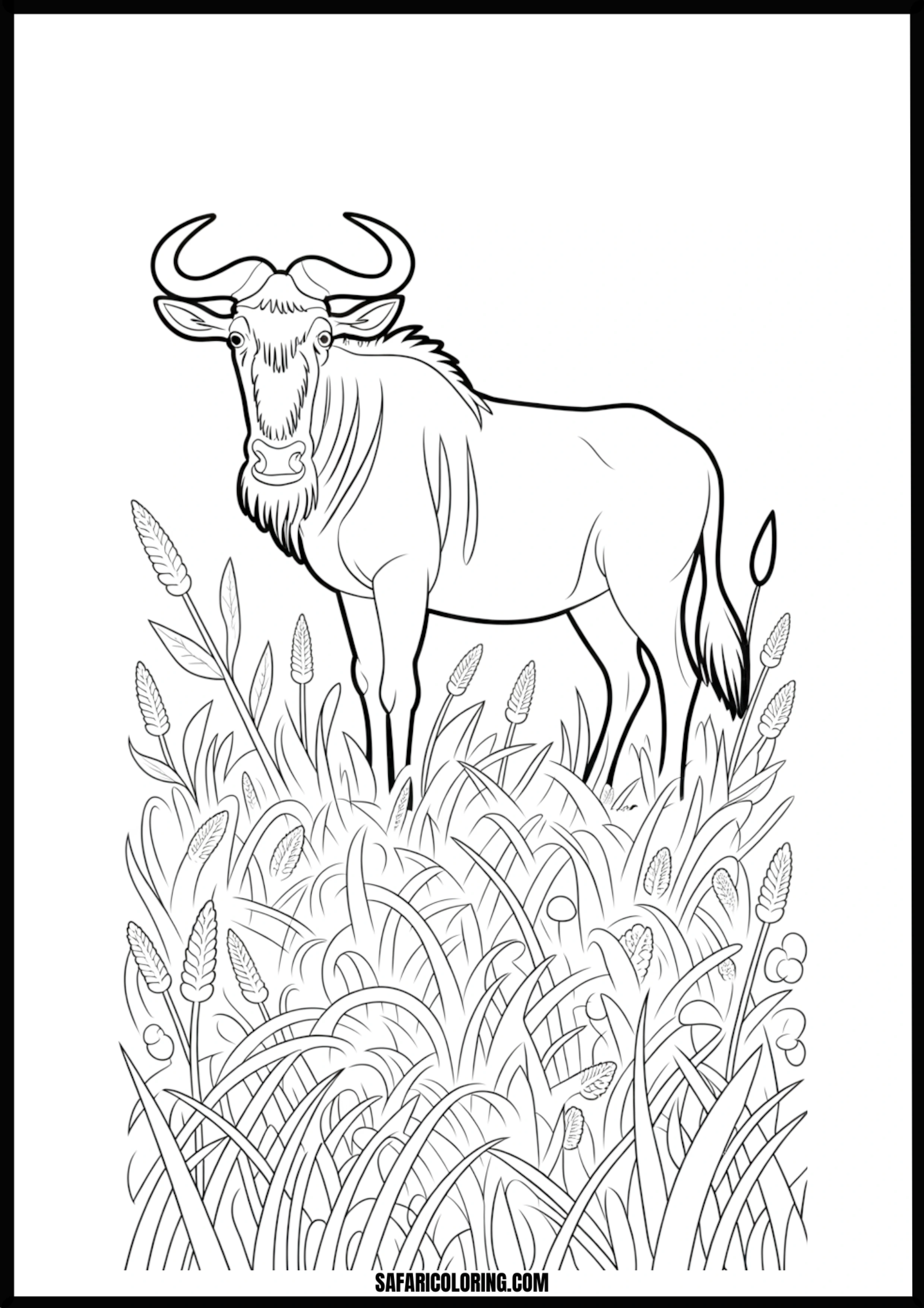 A wildebeest hidden amongst tall savanna grass. Free printable wildebeest in grass coloring page outline.