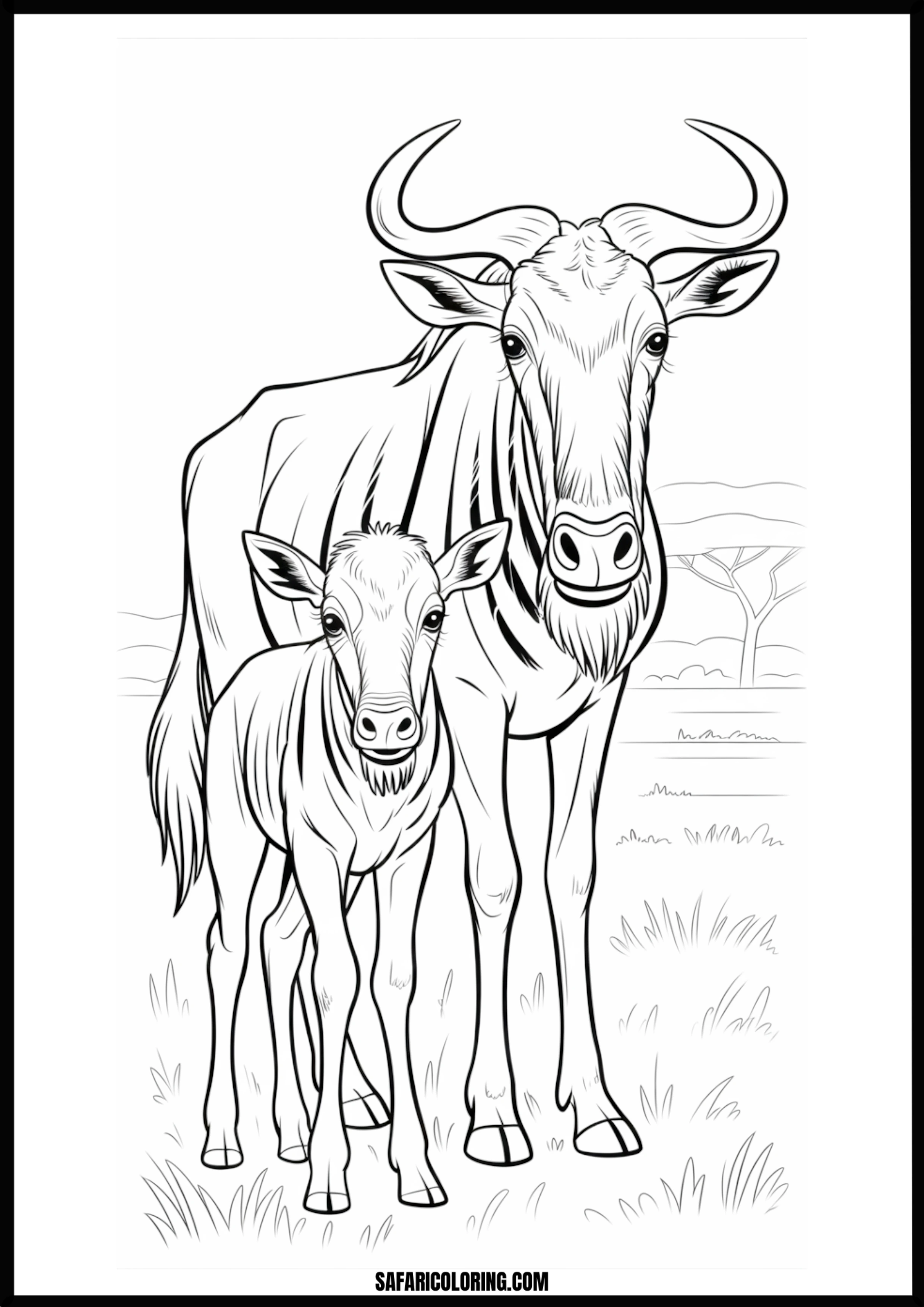 A tender scene of a wildebeest mother with her calf. Free printable wildebeest mother and calf coloring page outline.