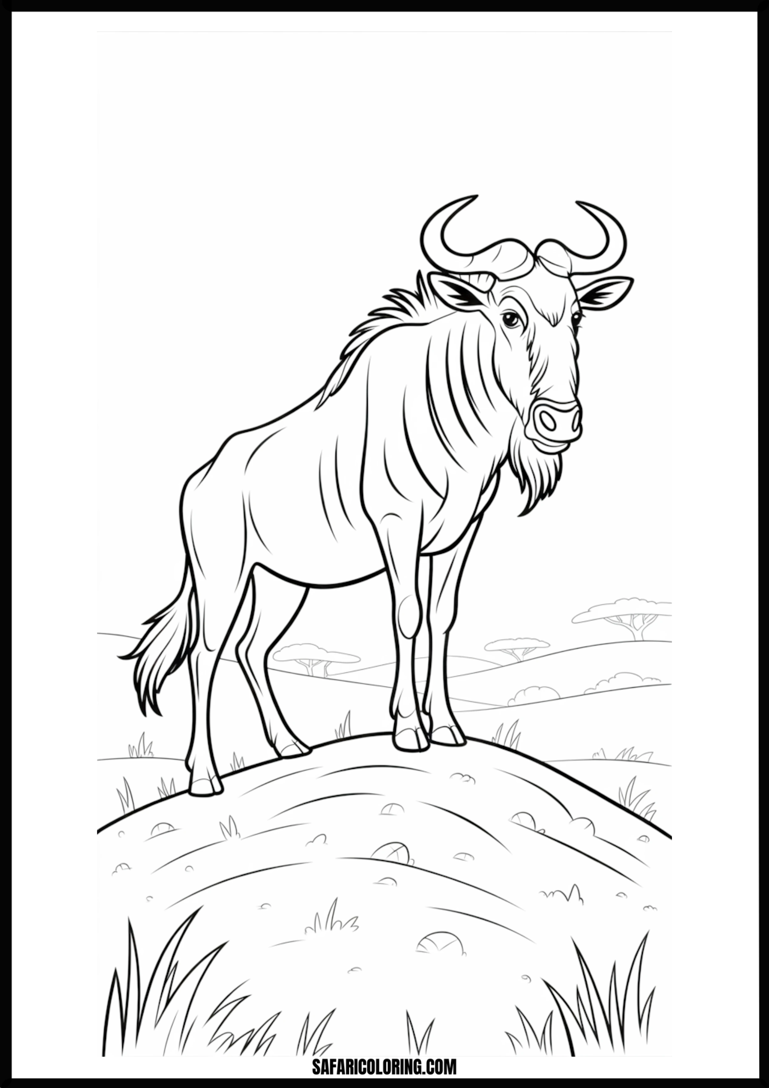 A majestic wildebeest standing atop a savanna hill. Free printable wildebeest on savanna hill coloring page outline.