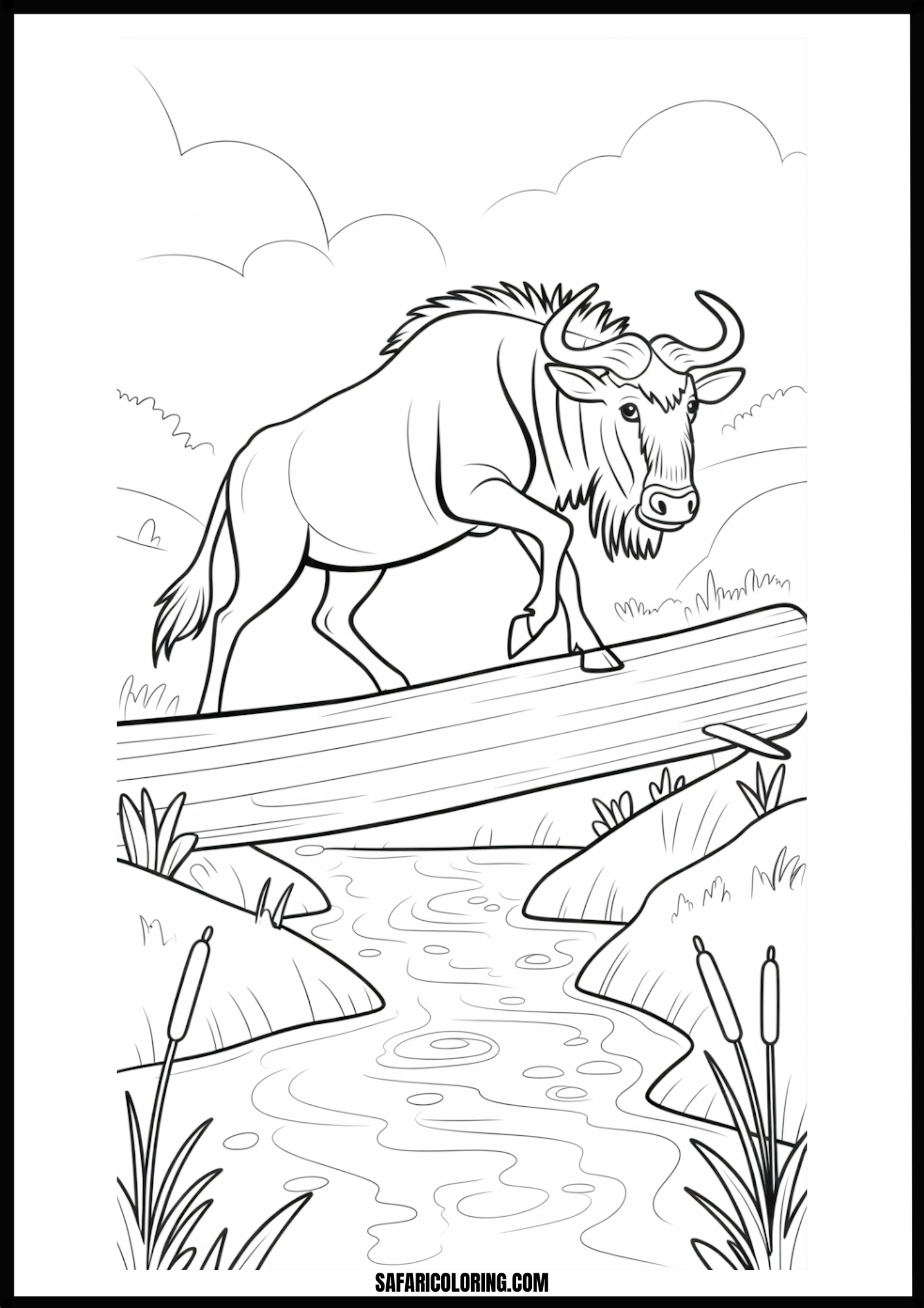 A wildebeest carefully crossing a log bridge over a stream. Free printable wildebeest on log bridge over stream coloring page outline.