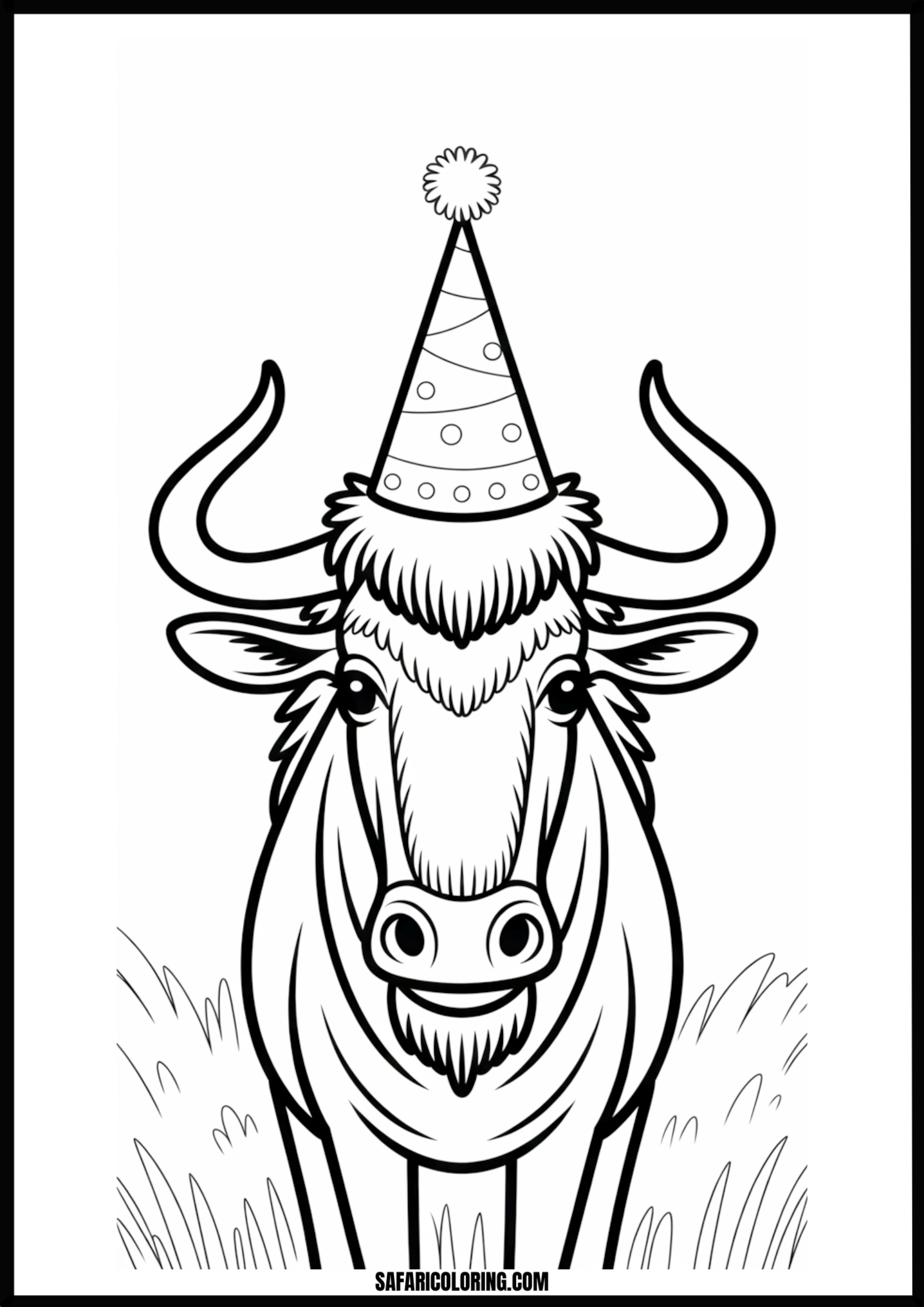 A fun wildebeest wearing a party hat, ready for a celebration. Free printable wildebeest party hat coloring page outline.