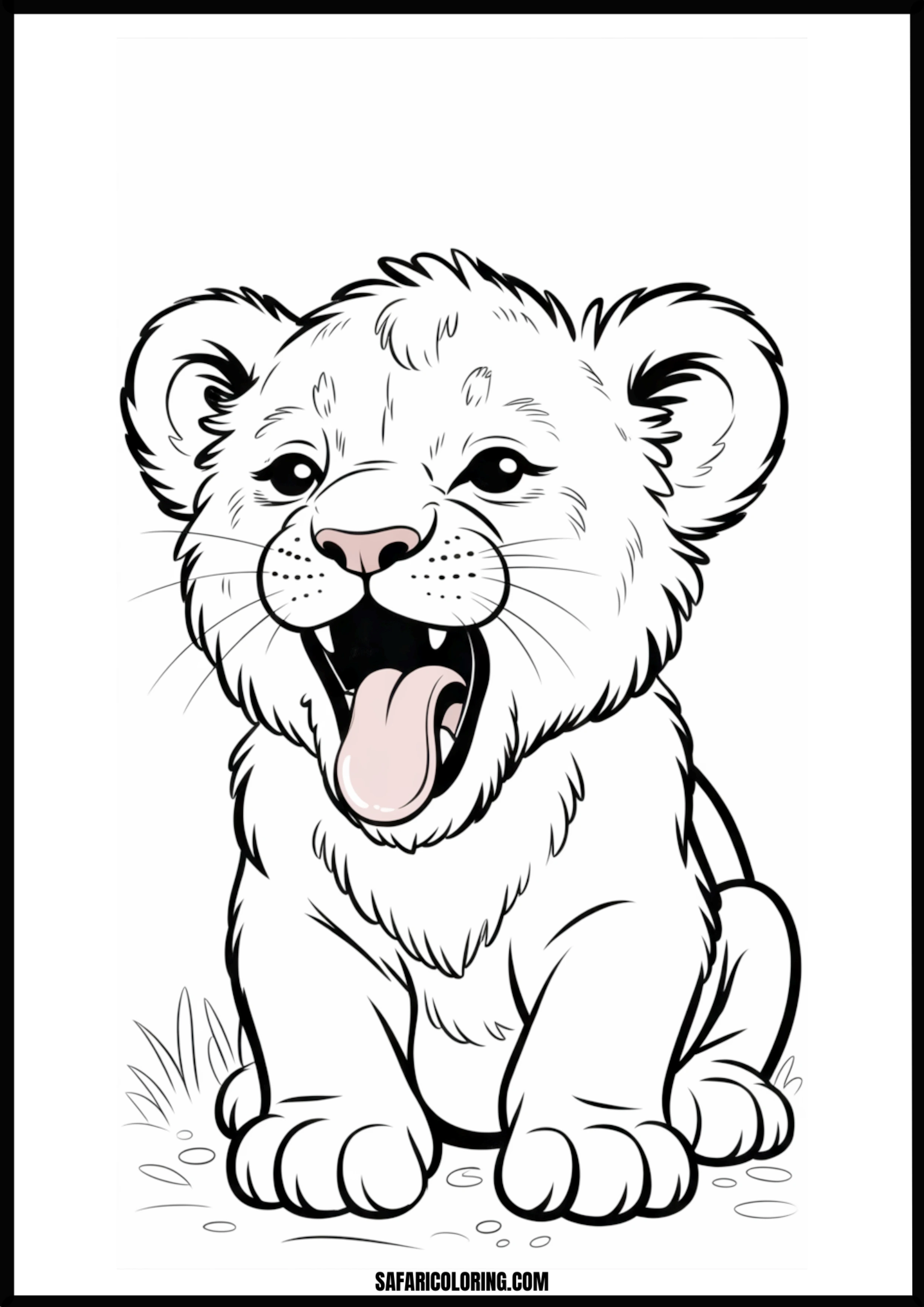 Adorable yawning lion cub coloring page.