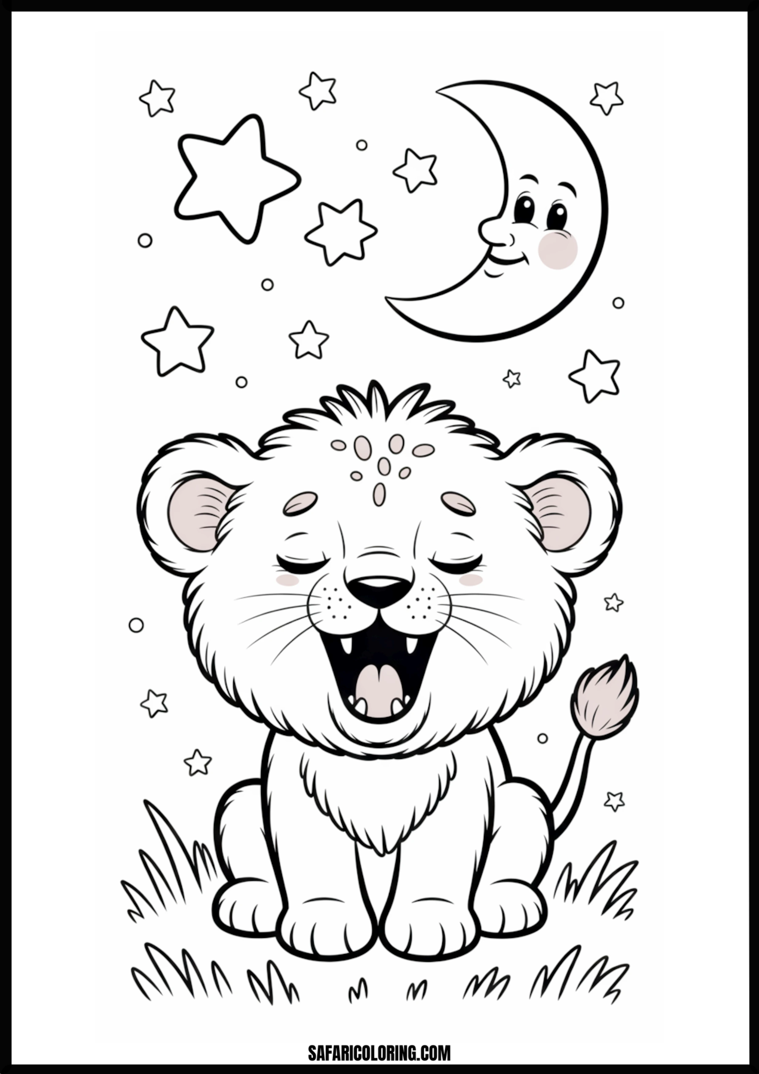 Yawning lion cub under moon and stars coloring page