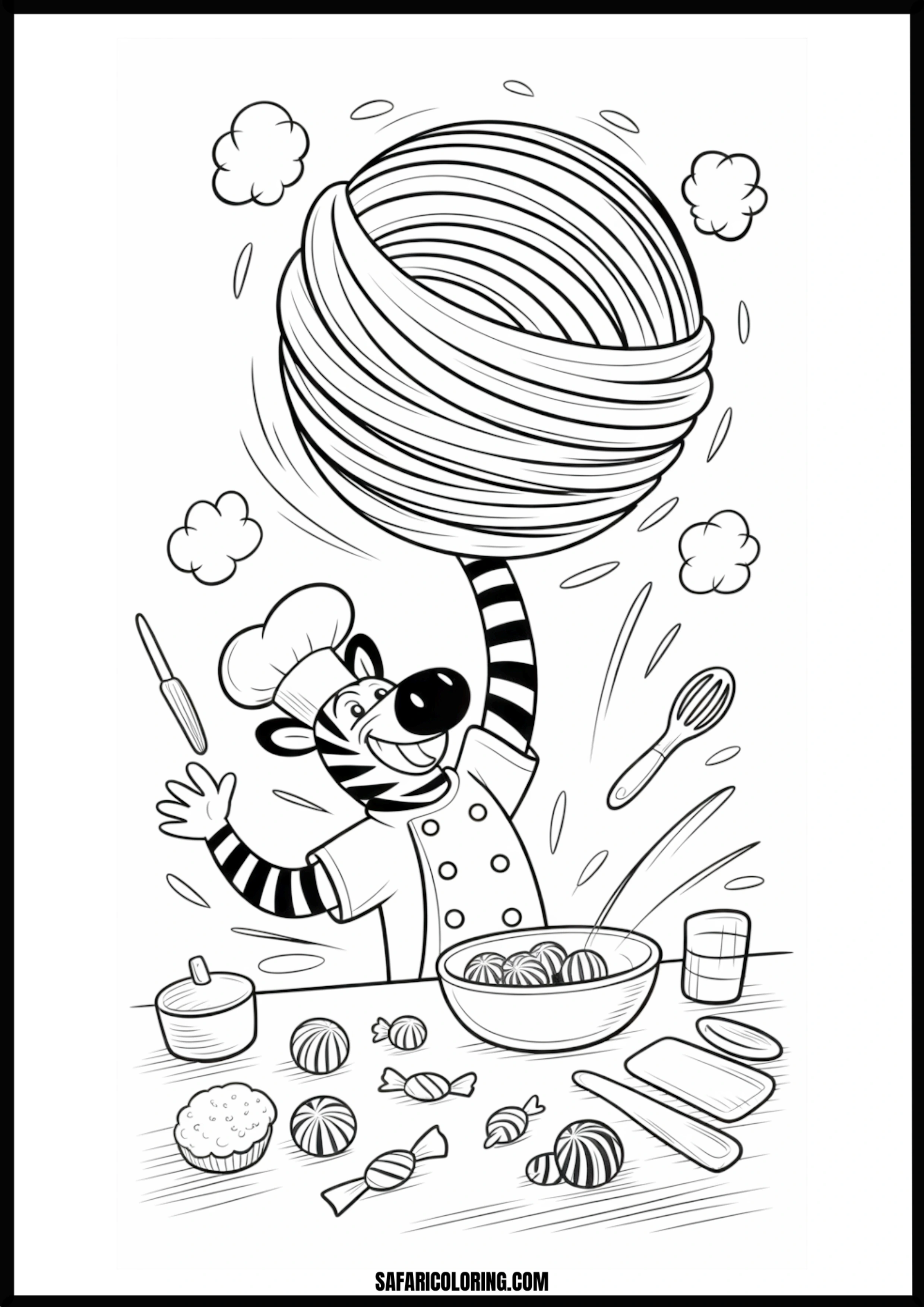 Cartoon zebra chef making pasta and sweets in a kitchen