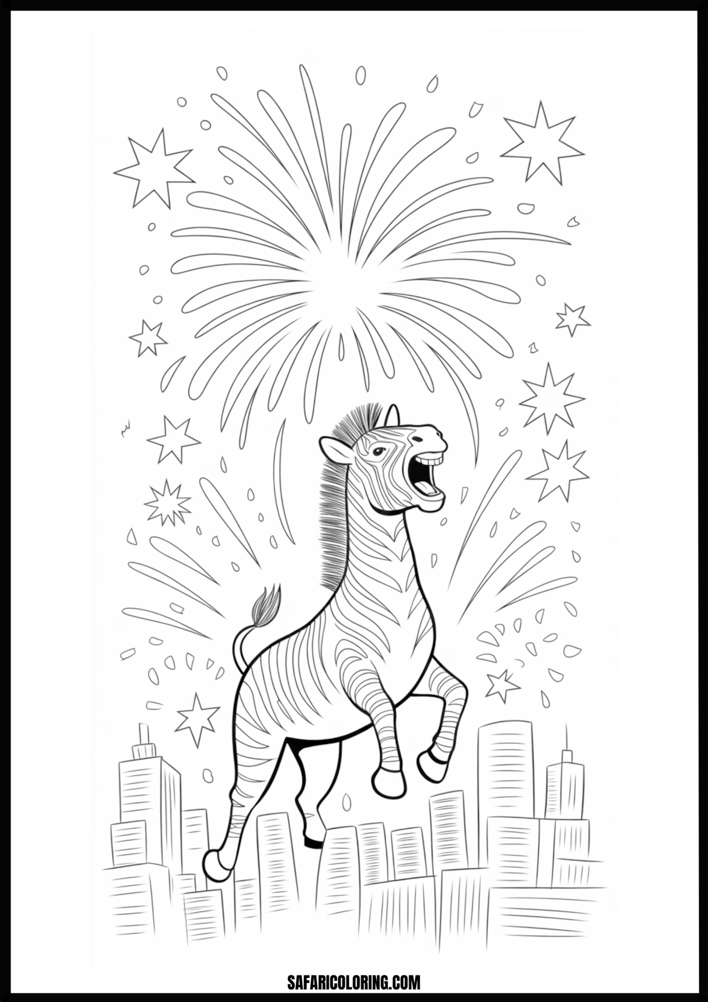 Zebra roaring at fireworks over a city skyline