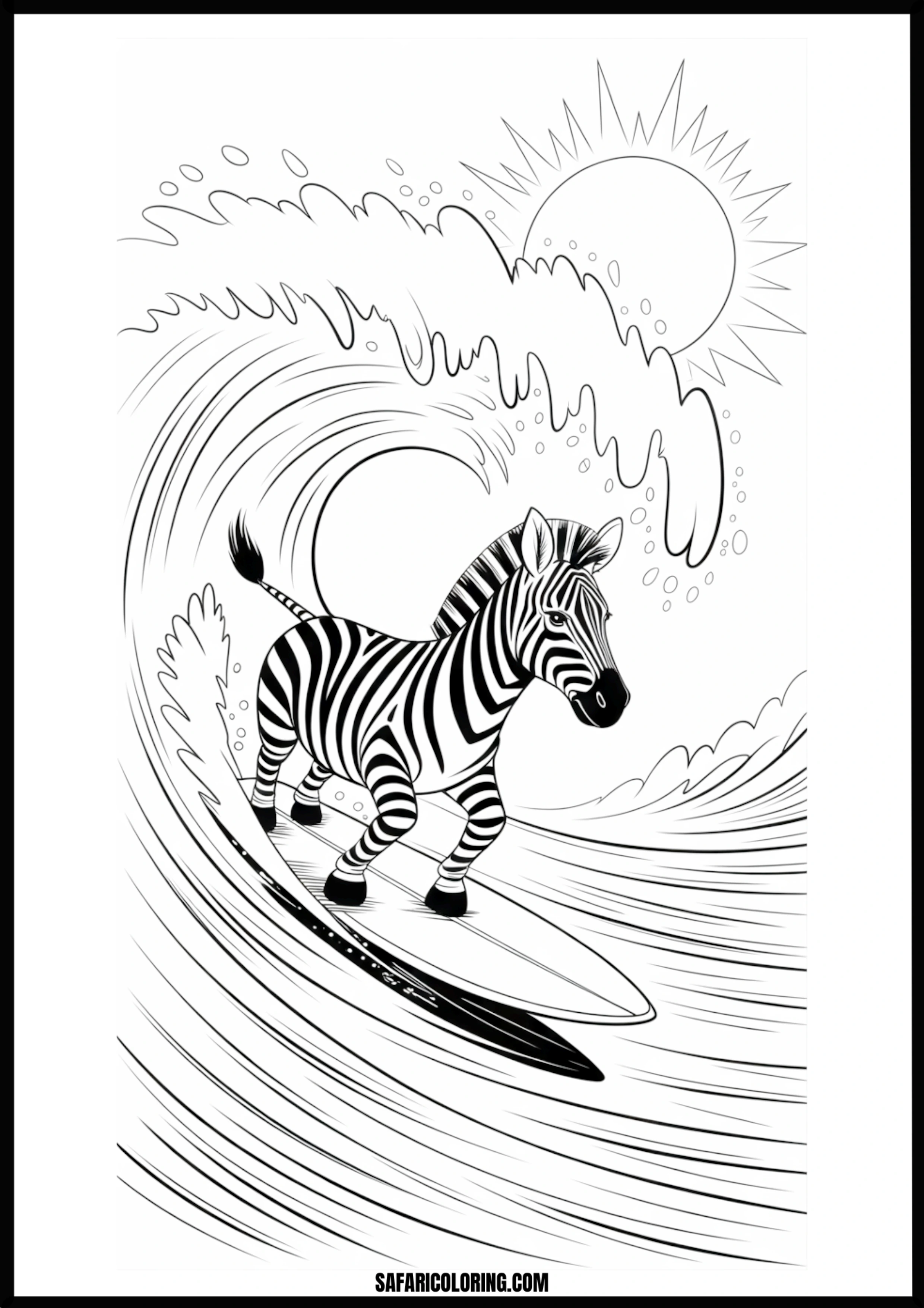 Cartoon zebra surfing on a large ocean wave under a sunny sky