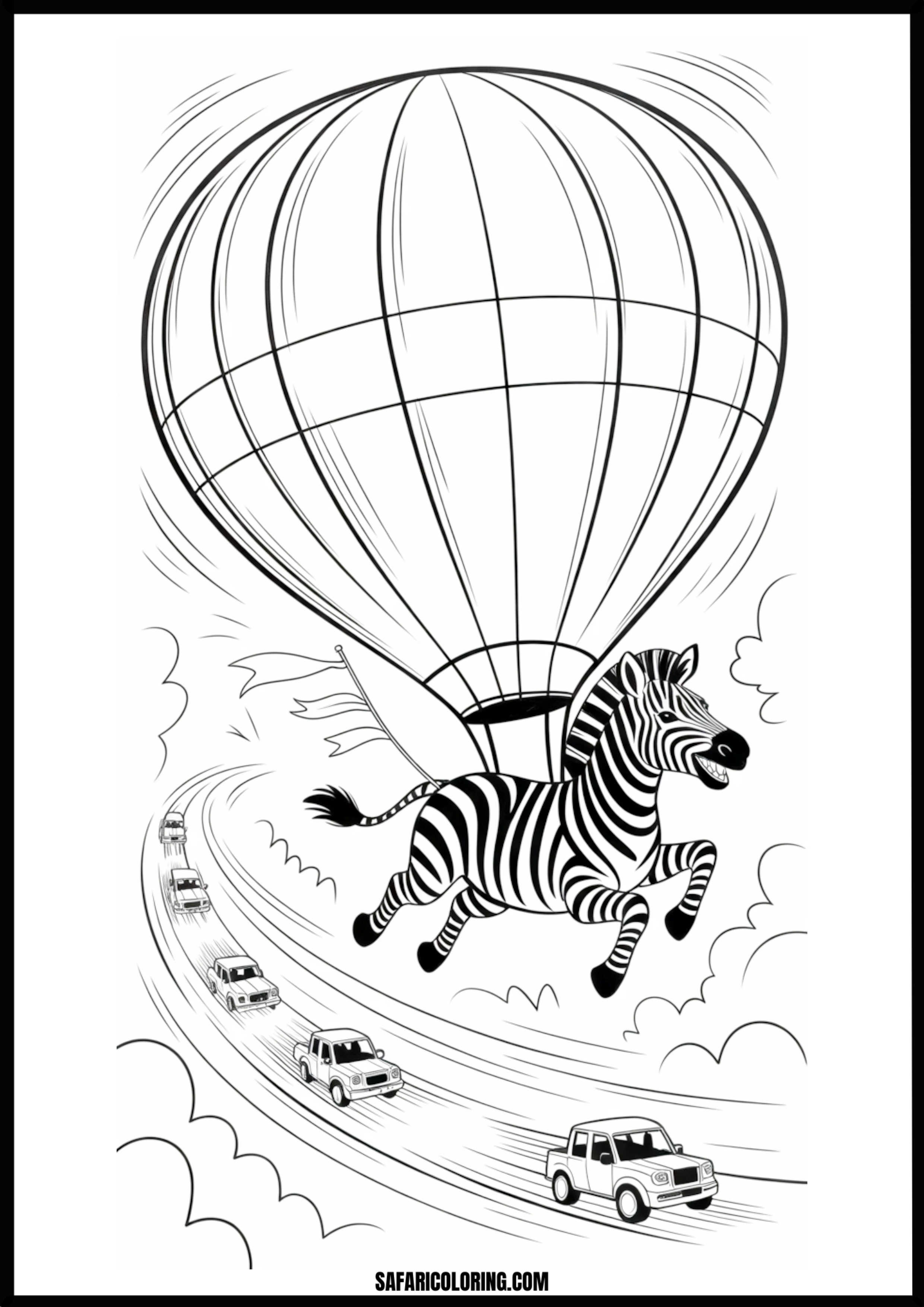 Zebra in a hot air balloon flying over a road with cars