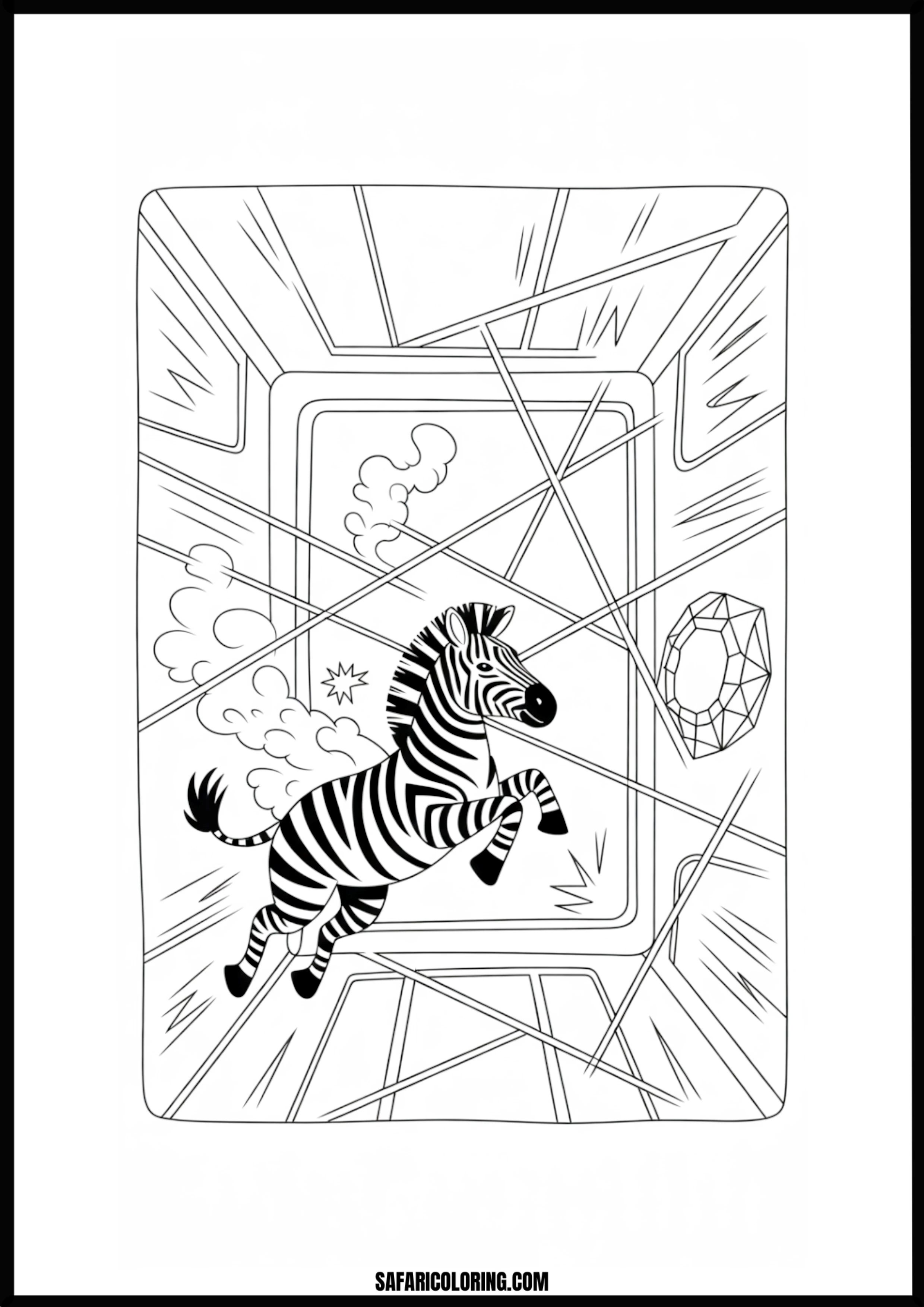 Zebra leaping through a laser grid to reach a diamond, spy theme